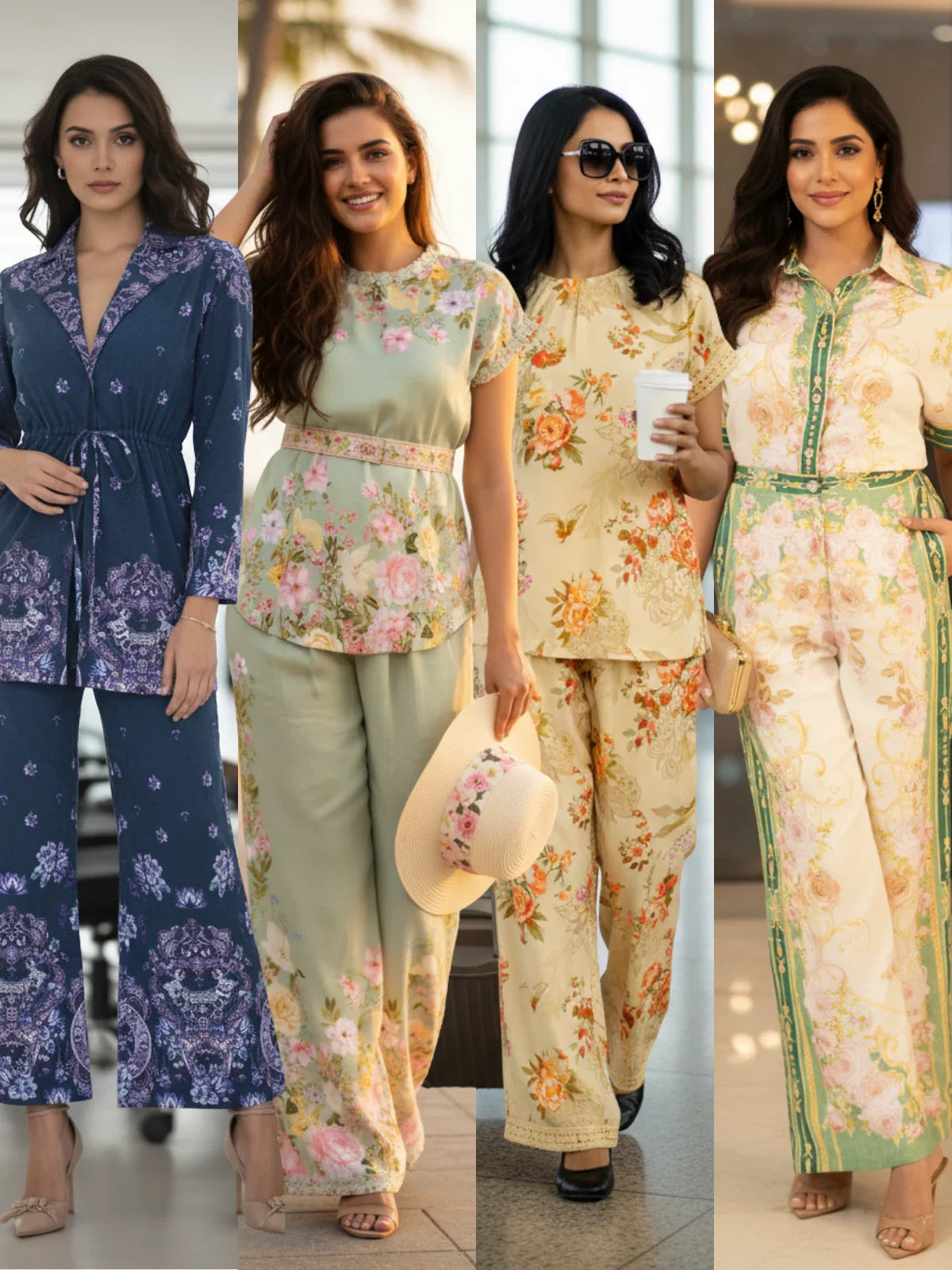 Four women wearing Pretty Pixie floral co-ord sets in pastel and vintage prints, showcasing luxury comfort wear for travel and everyday style.