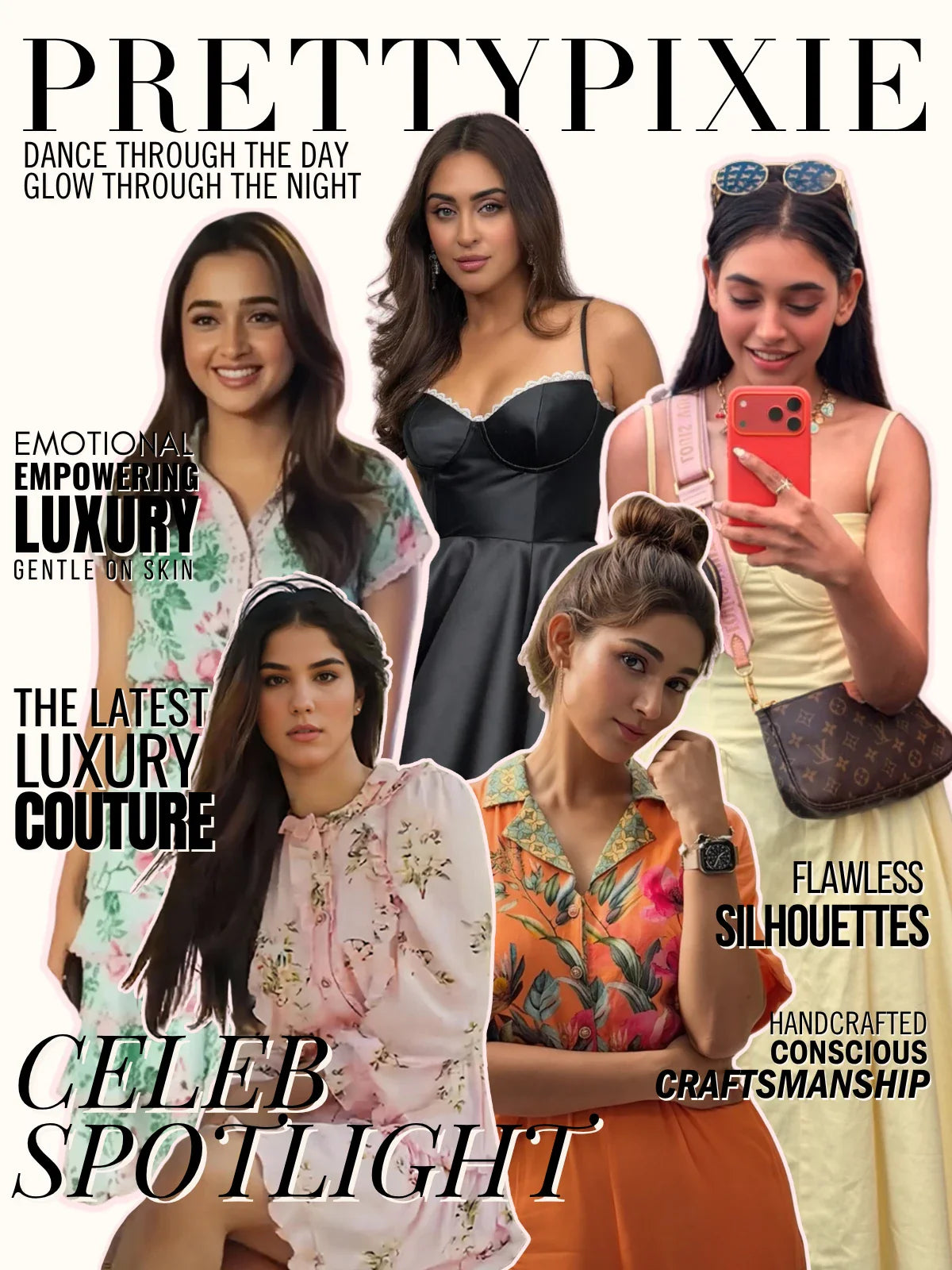 Pretty Pixie celeb spotlight magazine cover featuring women in luxury couture dresses, showcasing empowering silhouettes and handcrafted fashion.
