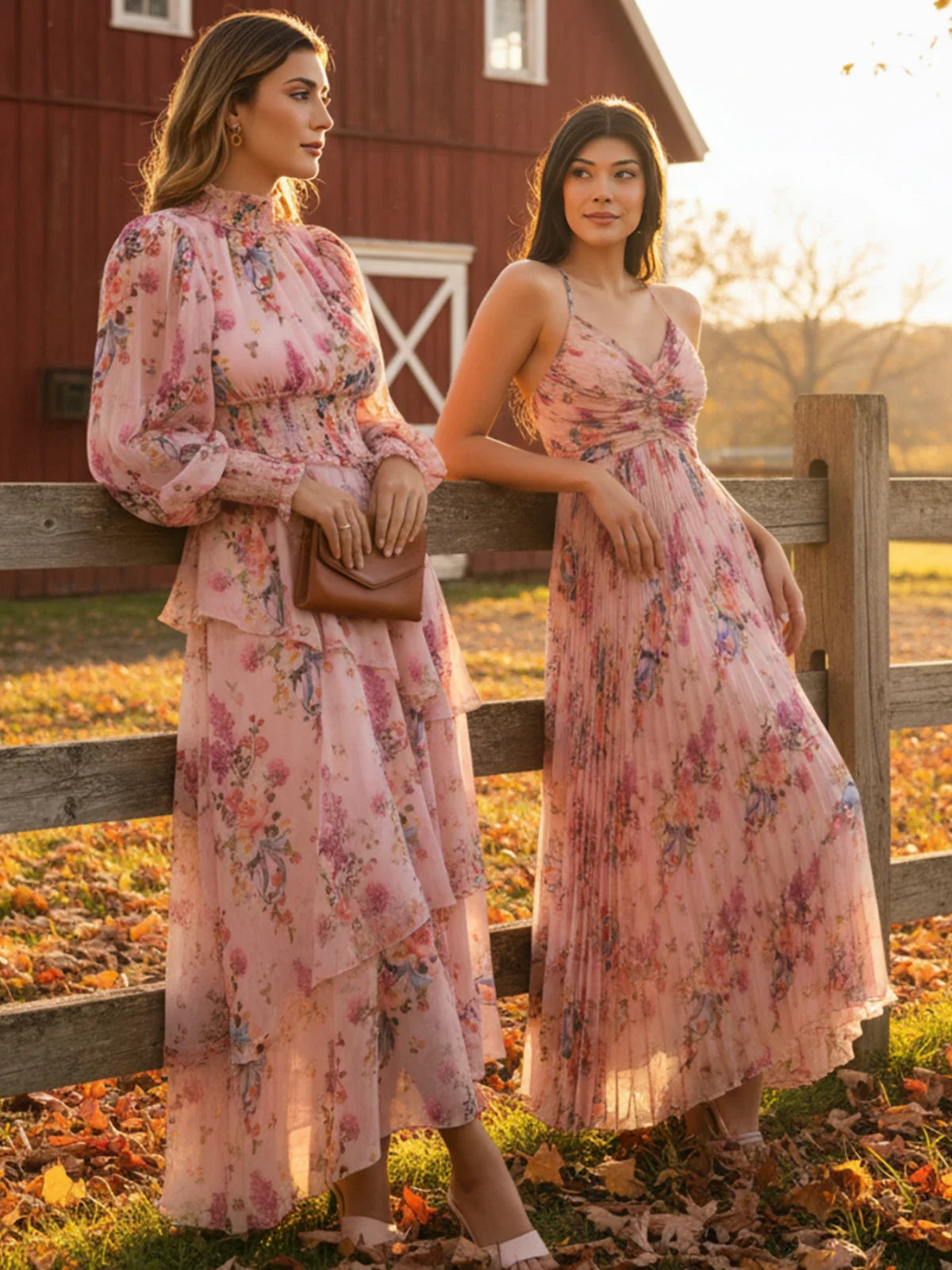 Two women wearing Pretty Pixie pink floral maxi dresses posing near a wooden fence at a farmhouse during golden hour in an autumn-themed fashion shoot.
