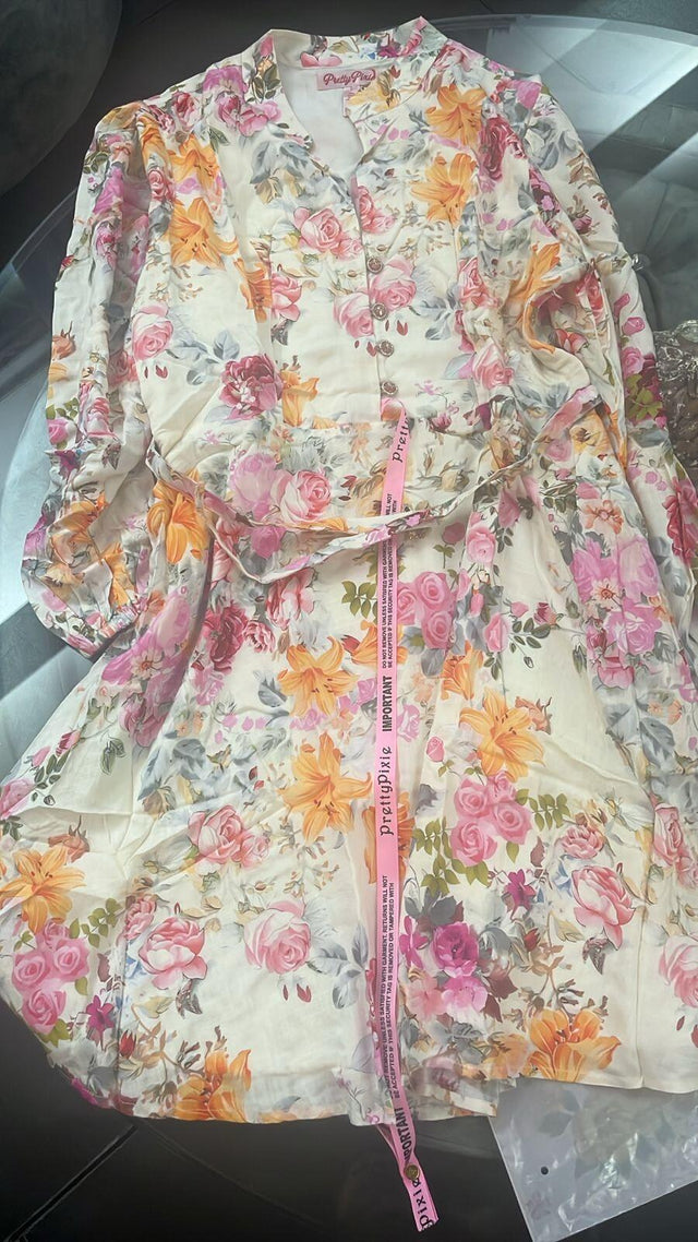 Ivory Floral Long-Sleeve Button Mini Dress — verified customer review photo