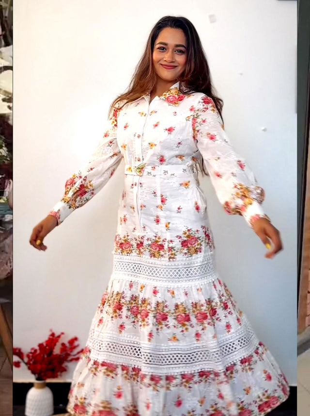 Ivory Floral Lace-Panel Belted Shirt Midi Dress — verified customer review photo