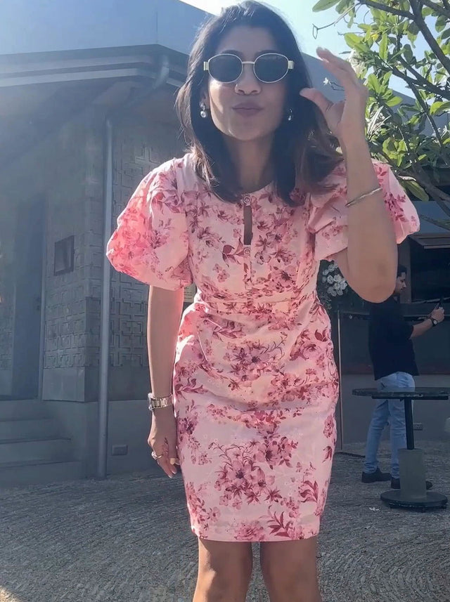 Pink Floral Puff-Sleeve Belted Mini Dress — verified customer review photo