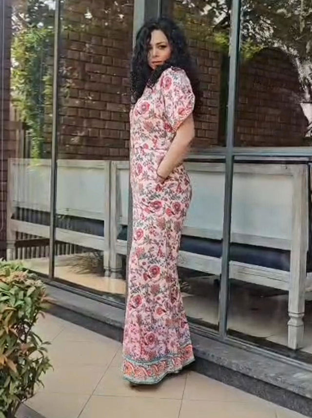 Pink Floral Collared Half-Sleeve Belted Wide-Leg Jumpsuit — verified customer review photo