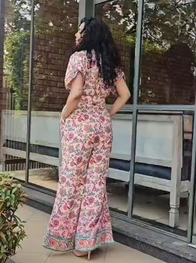 Pink Floral Collared Half-Sleeve Belted Wide-Leg Jumpsuit — verified customer review photo