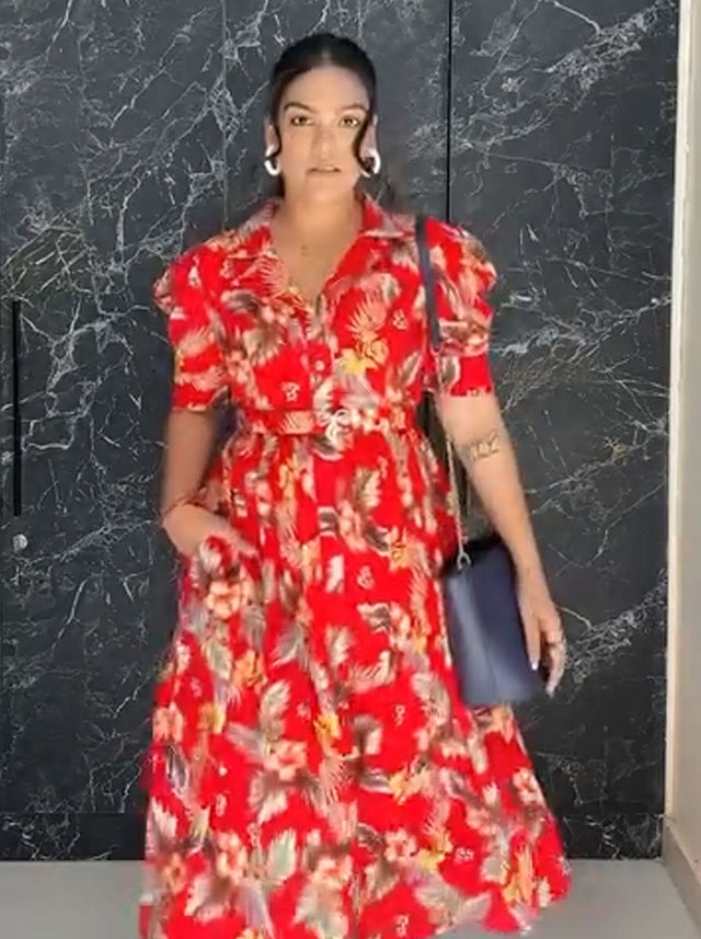Red Botanical V-Neck Belted Shirt Midi Dress — verified customer review photo