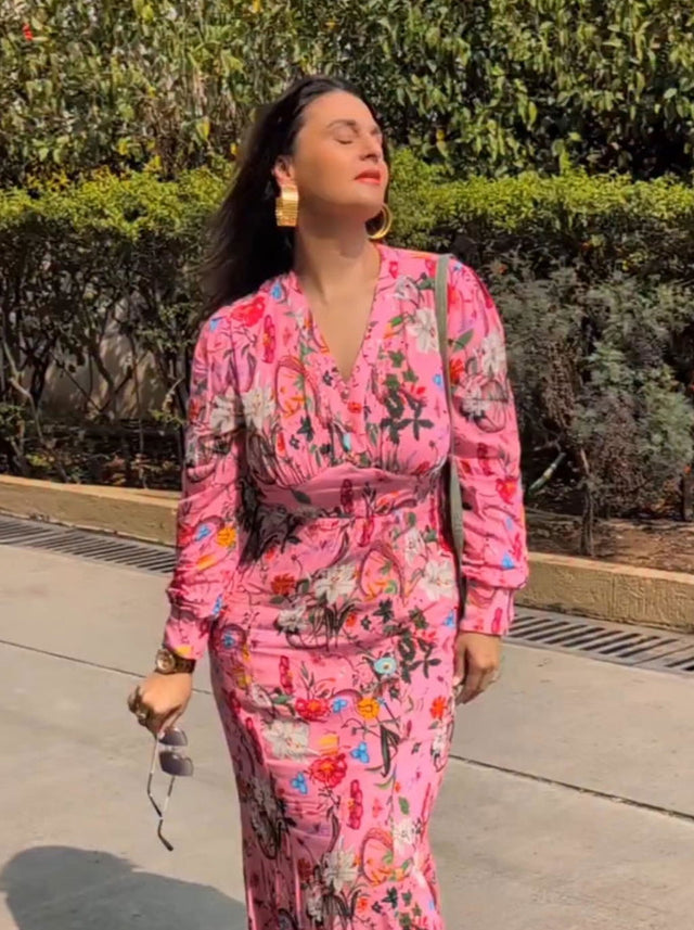 Pink Floral V-Neck Long-Sleeve Maxi Dress — verified customer review photo
