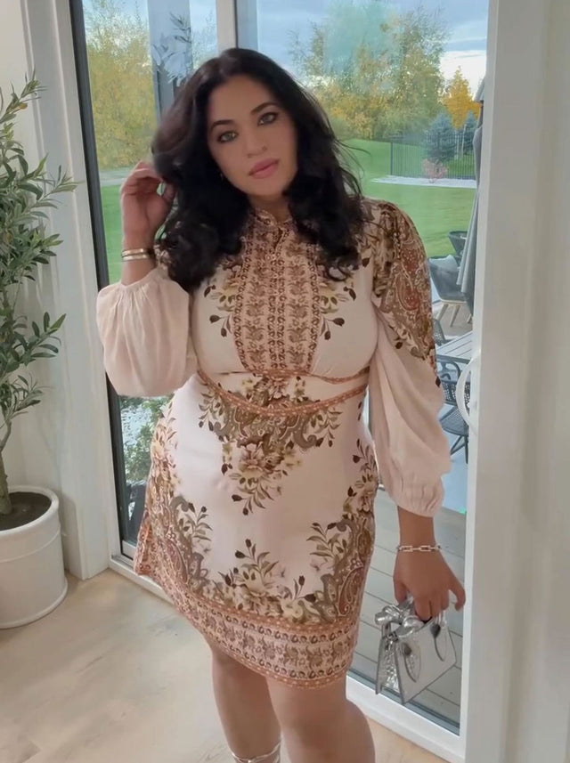 Beige Paisley Puff-Sleeve Mini Dress — verified customer review photo