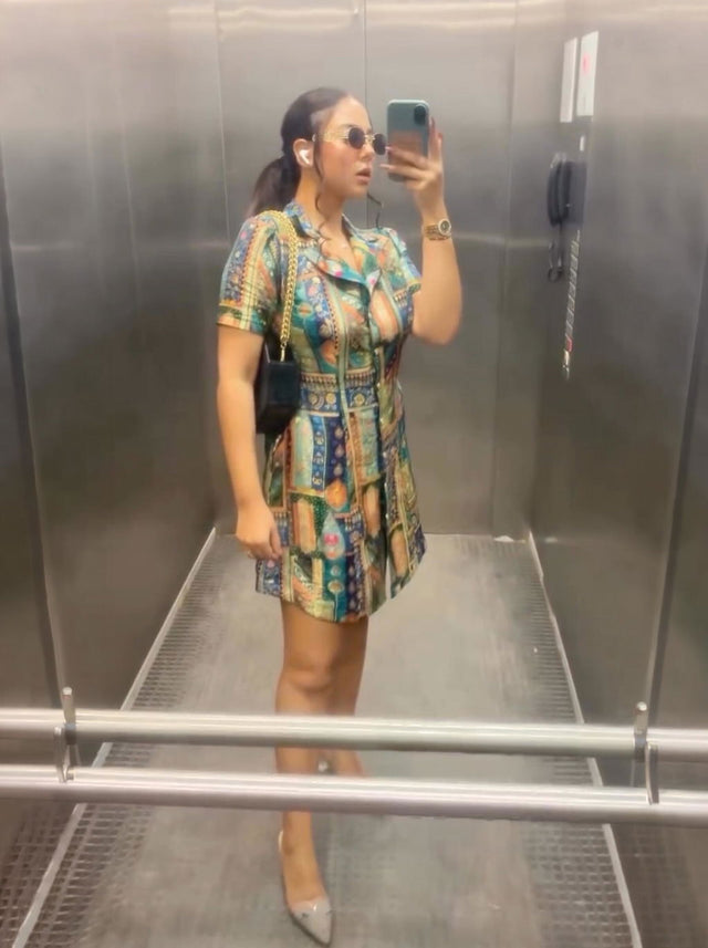 Peacock Jacquard Mini Dress with Collared Neck — verified customer review photo