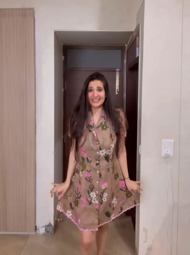 Tan Floral Button-Front Mini Dress — verified customer review photo