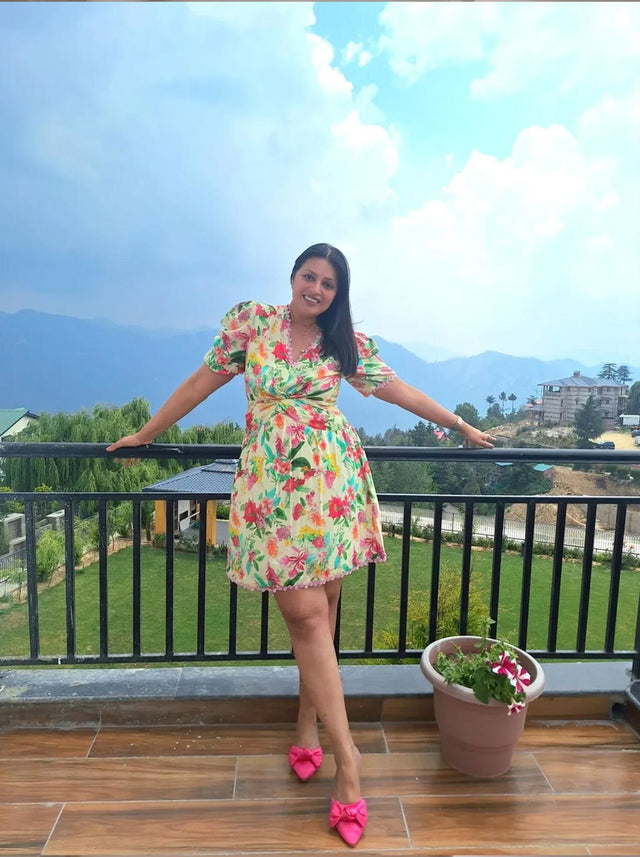 Tropical Floral Puff-Sleeve Wrap Mini Dress — verified customer review photo
