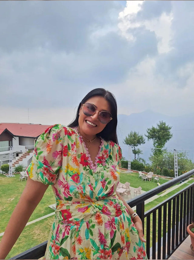 Tropical Floral Puff-Sleeve Wrap Mini Dress — verified customer review photo