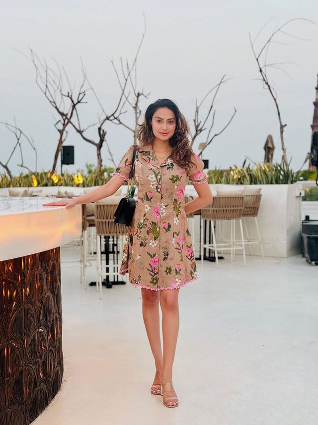 Tan Floral Button-Front Mini Dress — verified customer review photo