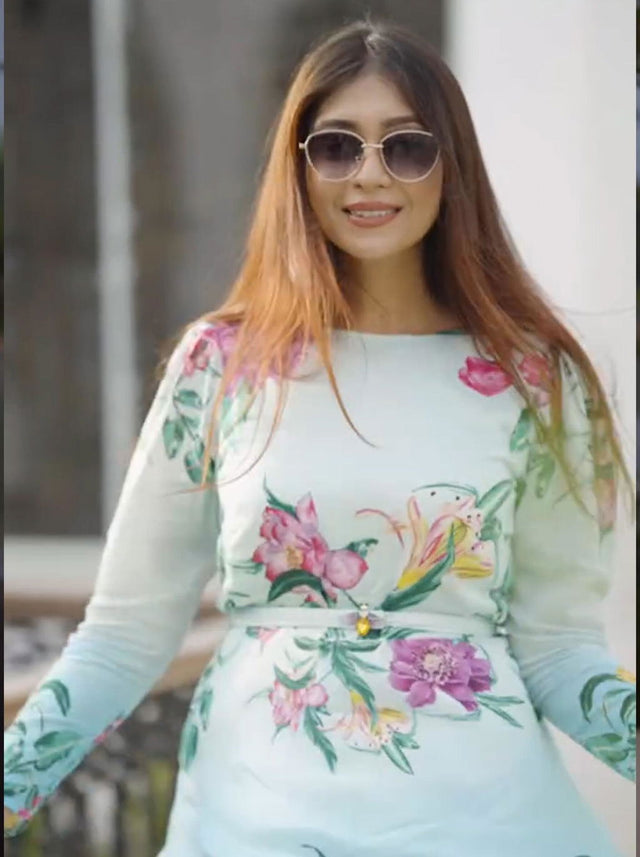Aqua Ombre Floral Belted Long-Sleeve Mini Dress — verified customer review photo
