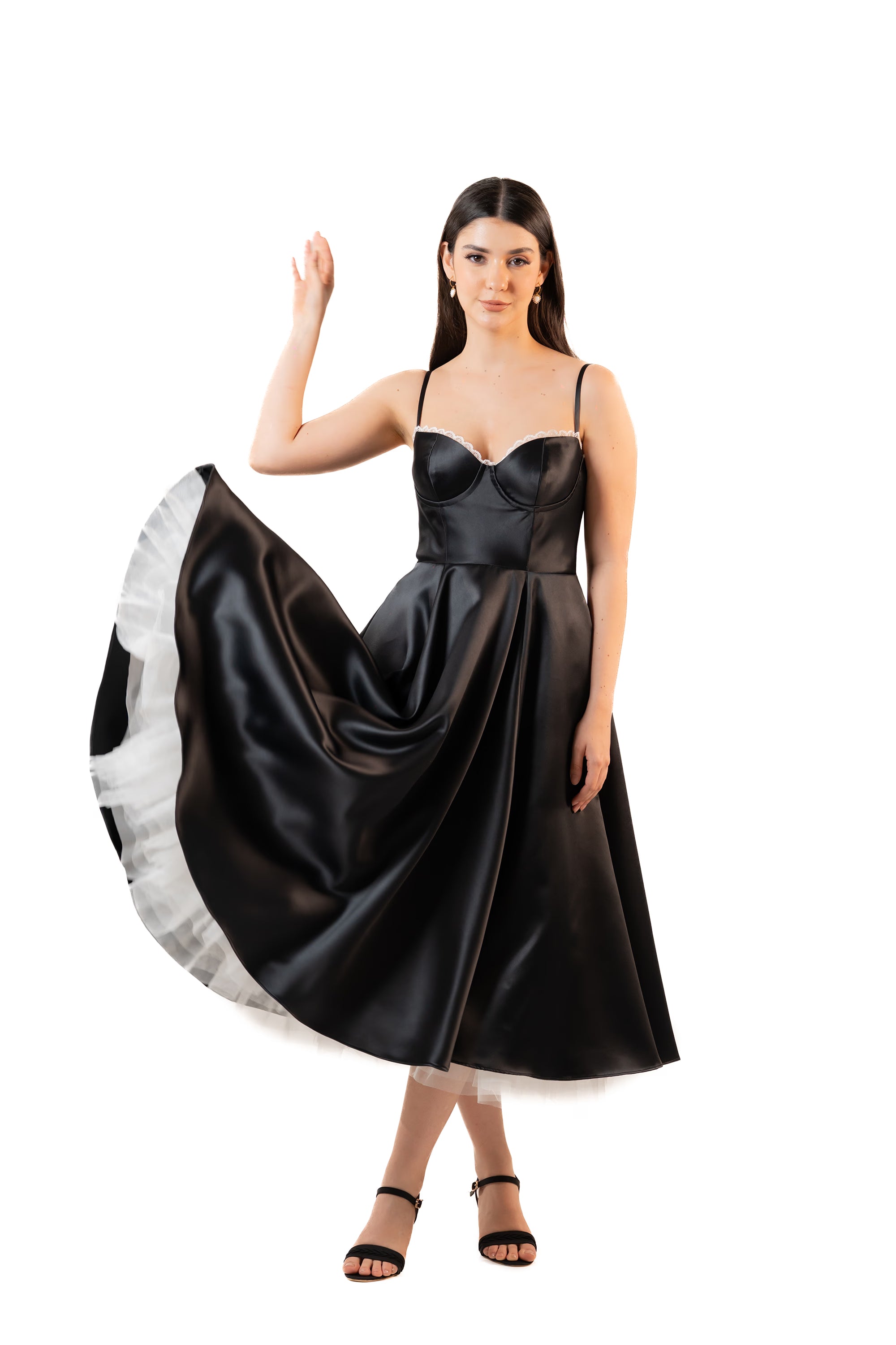 Black Satin Corset Tea-Length Dress with Tulle Hem
