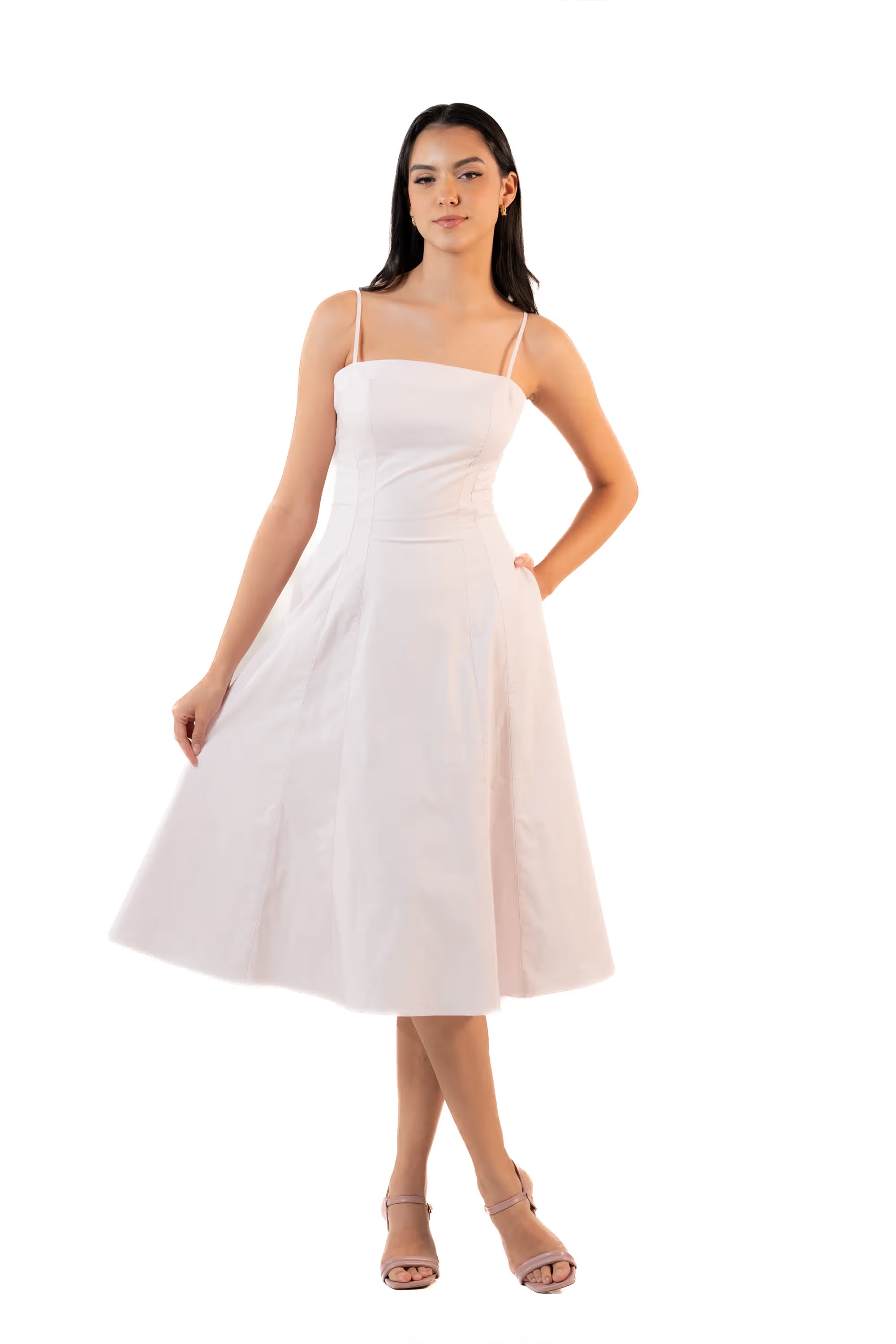 Blush Pink Cotton Spaghetti Strap Bustier Midi Dress