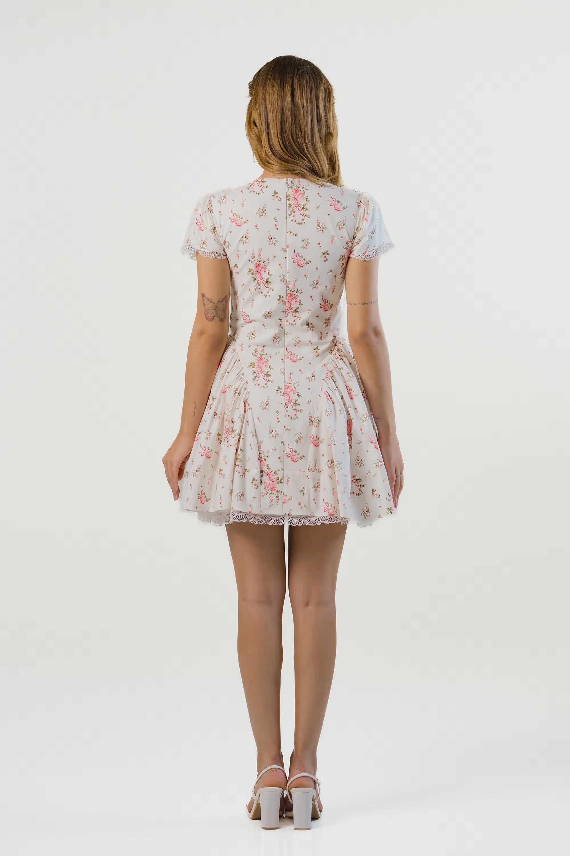 Ivory Floral Tie-Neck Cap Sleeve Mini Dress