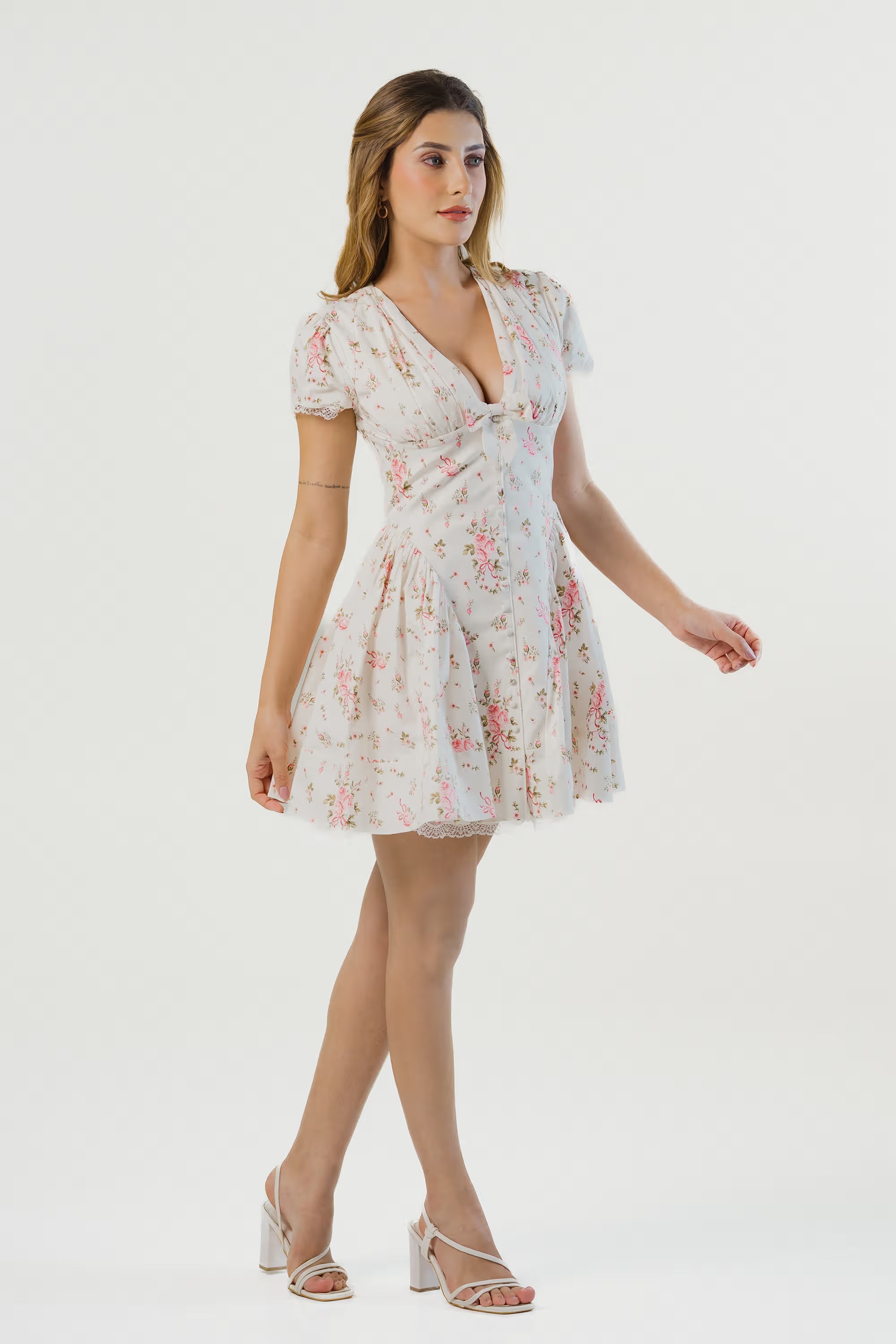 Ivory Floral Tie-Neck Cap Sleeve Mini Dress