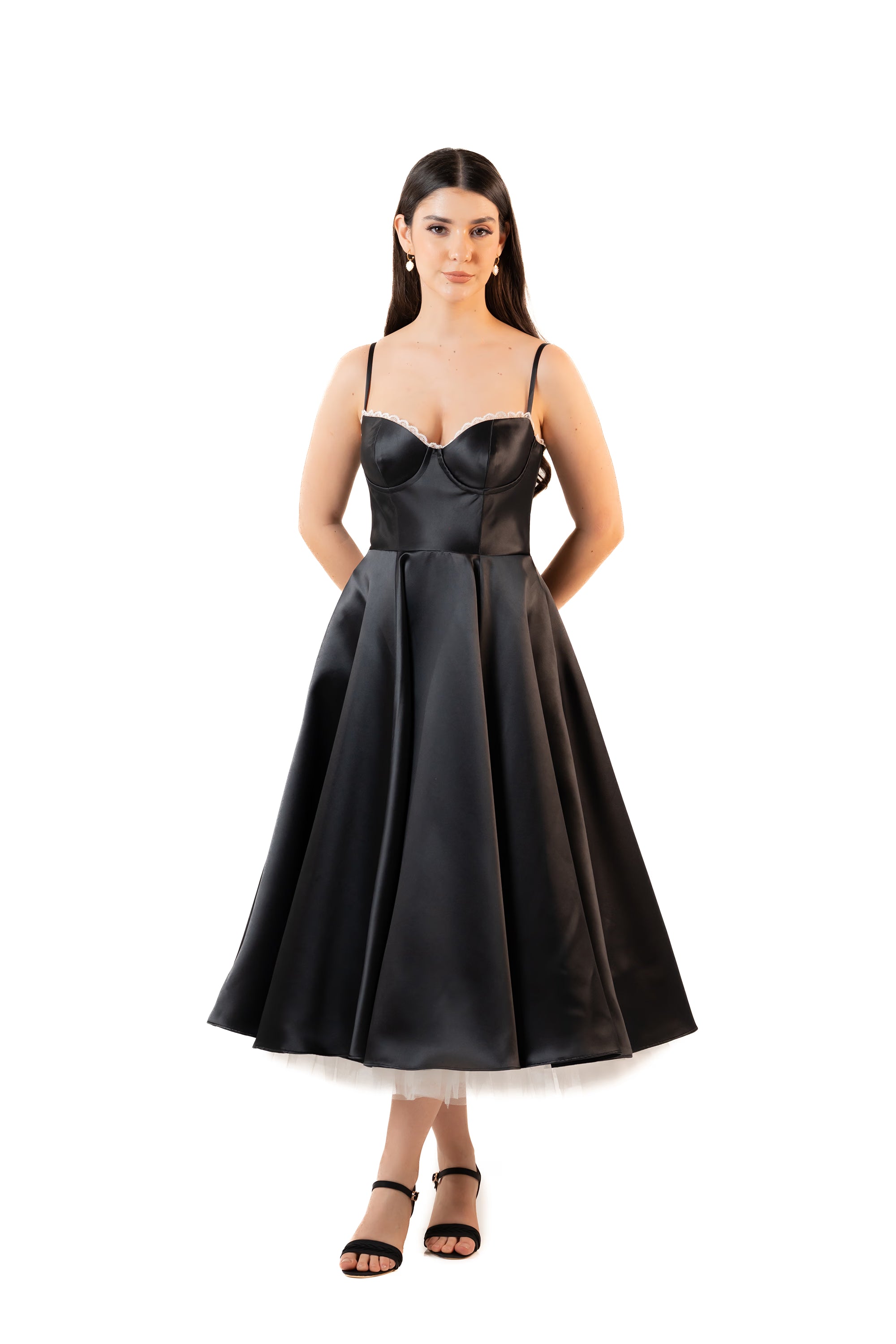 Black Satin Corset Tea-Length Dress with Tulle Hem