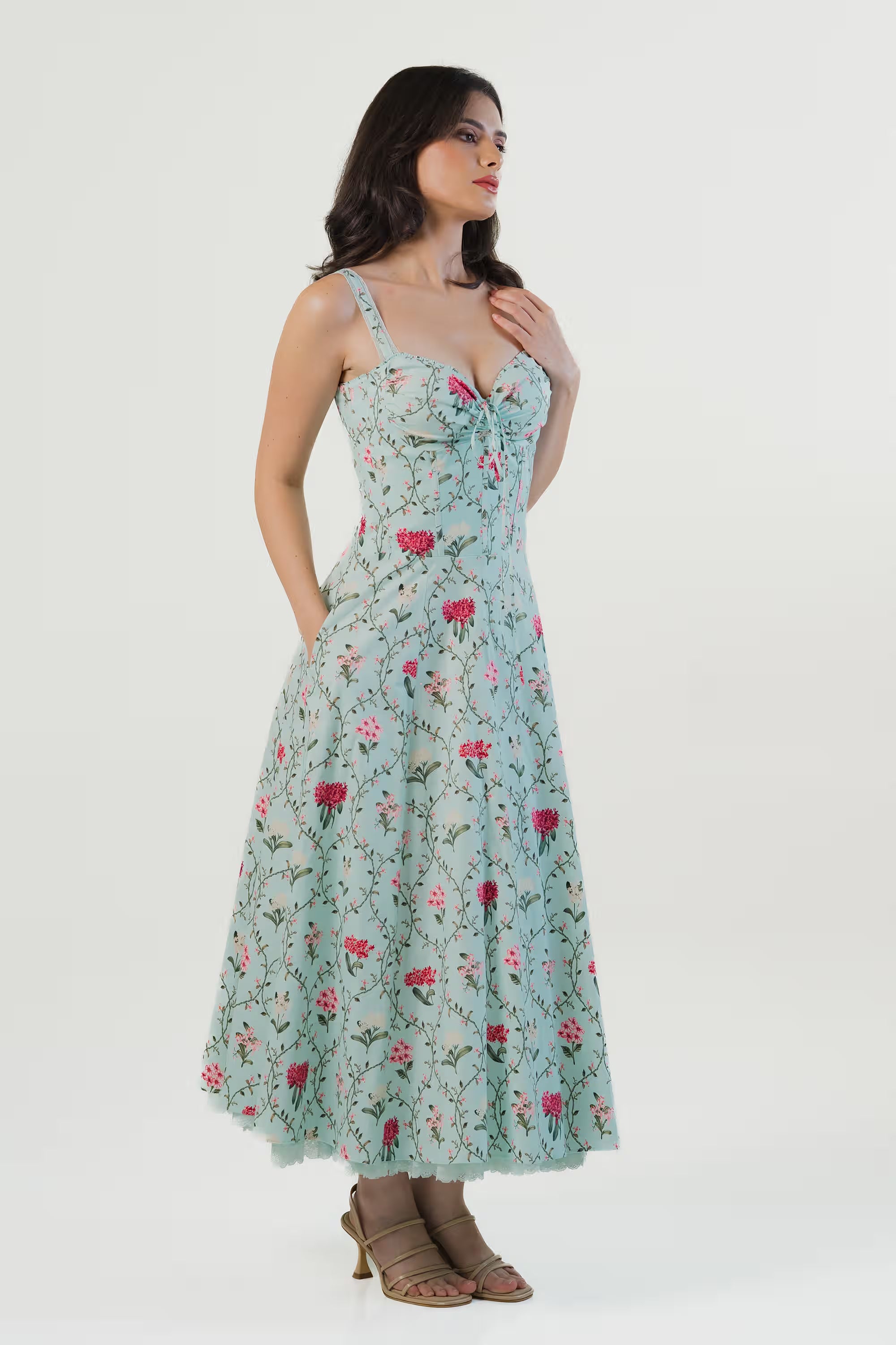 Pastel Mint Floral Bustier Cotton Midi Dress