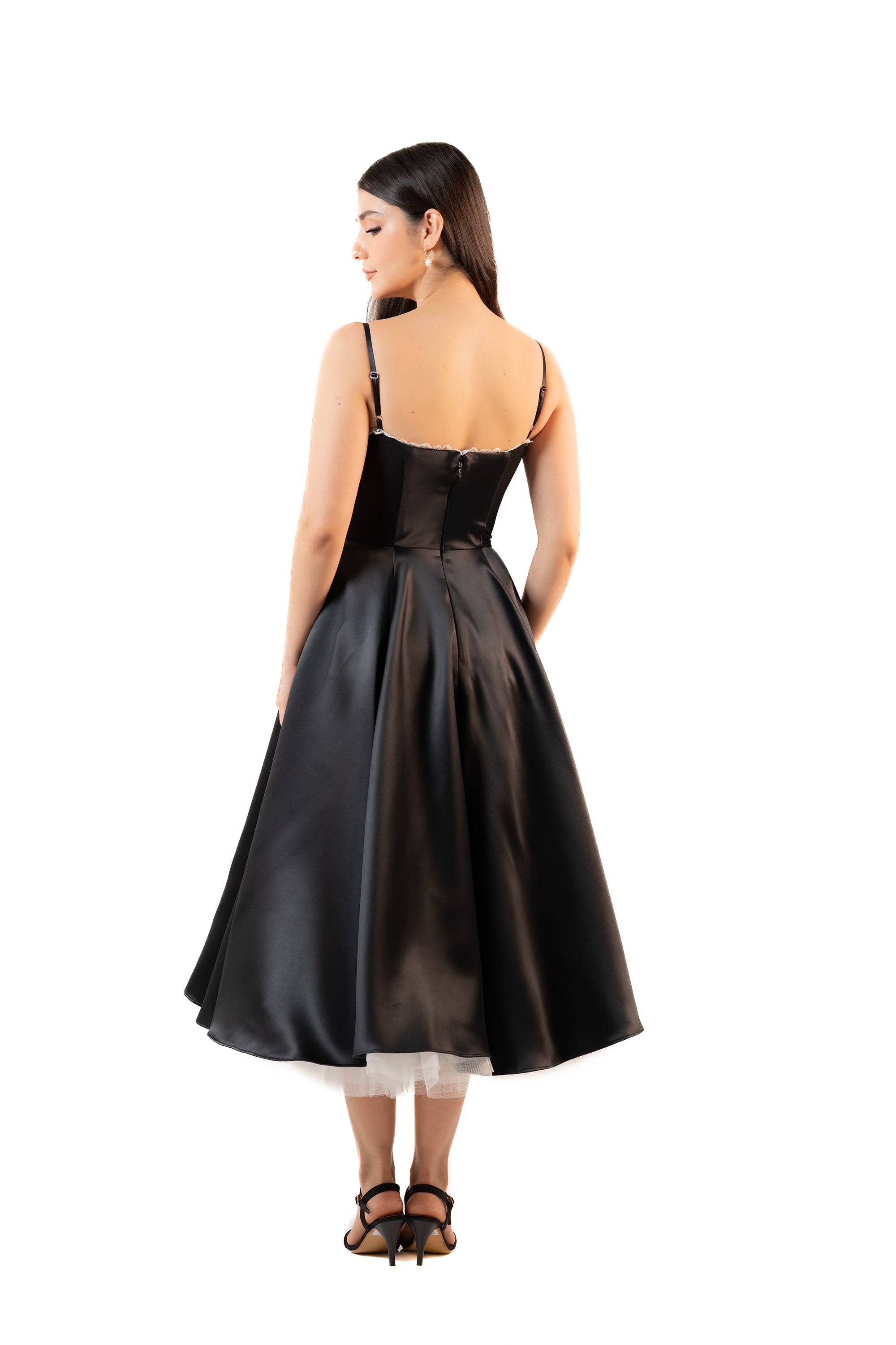 Black Satin Corset Tea-Length Dress with Tulle Hem