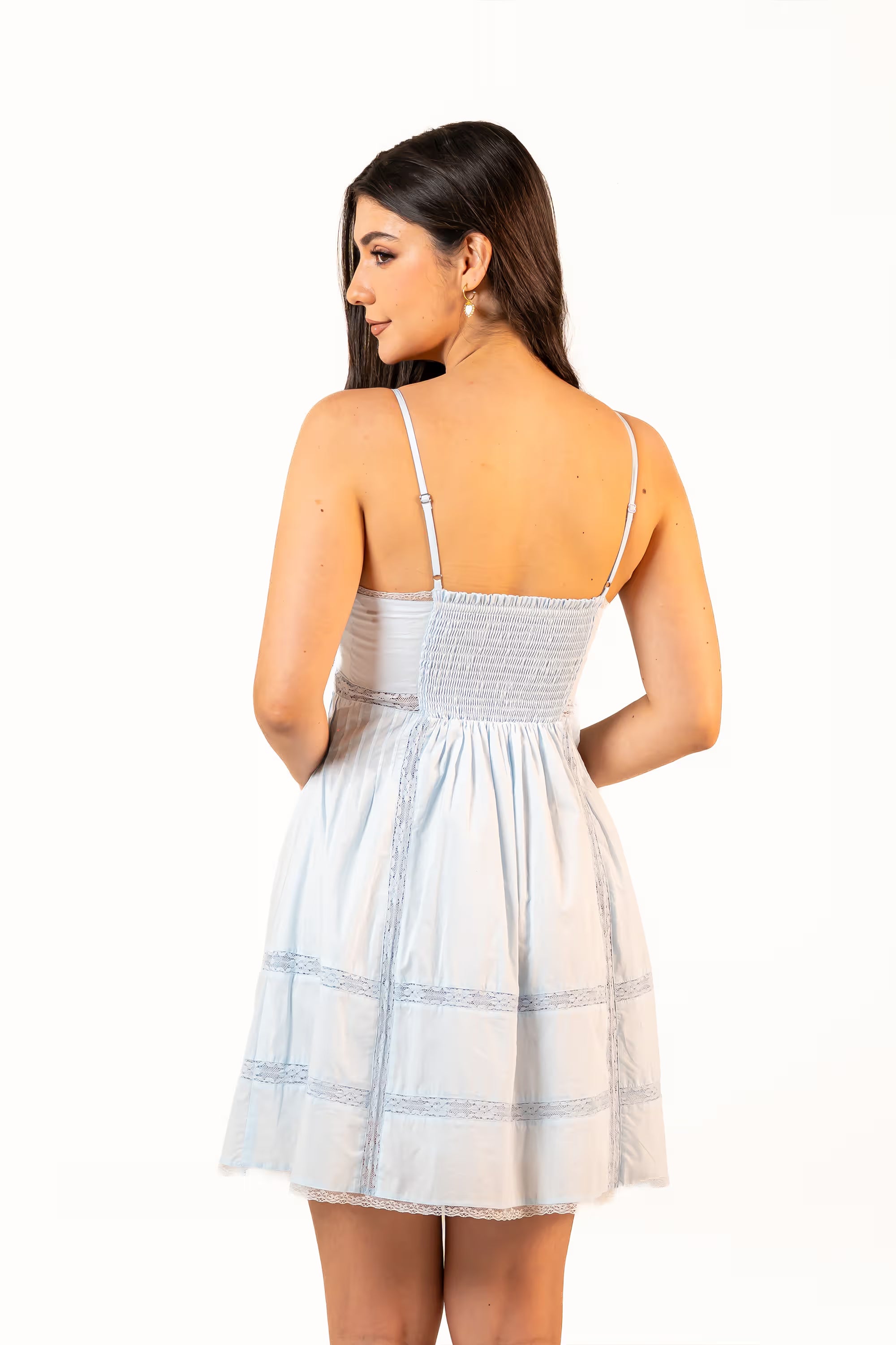 Powder Blue Lace-Trim Spaghetti Strap Mini Dress