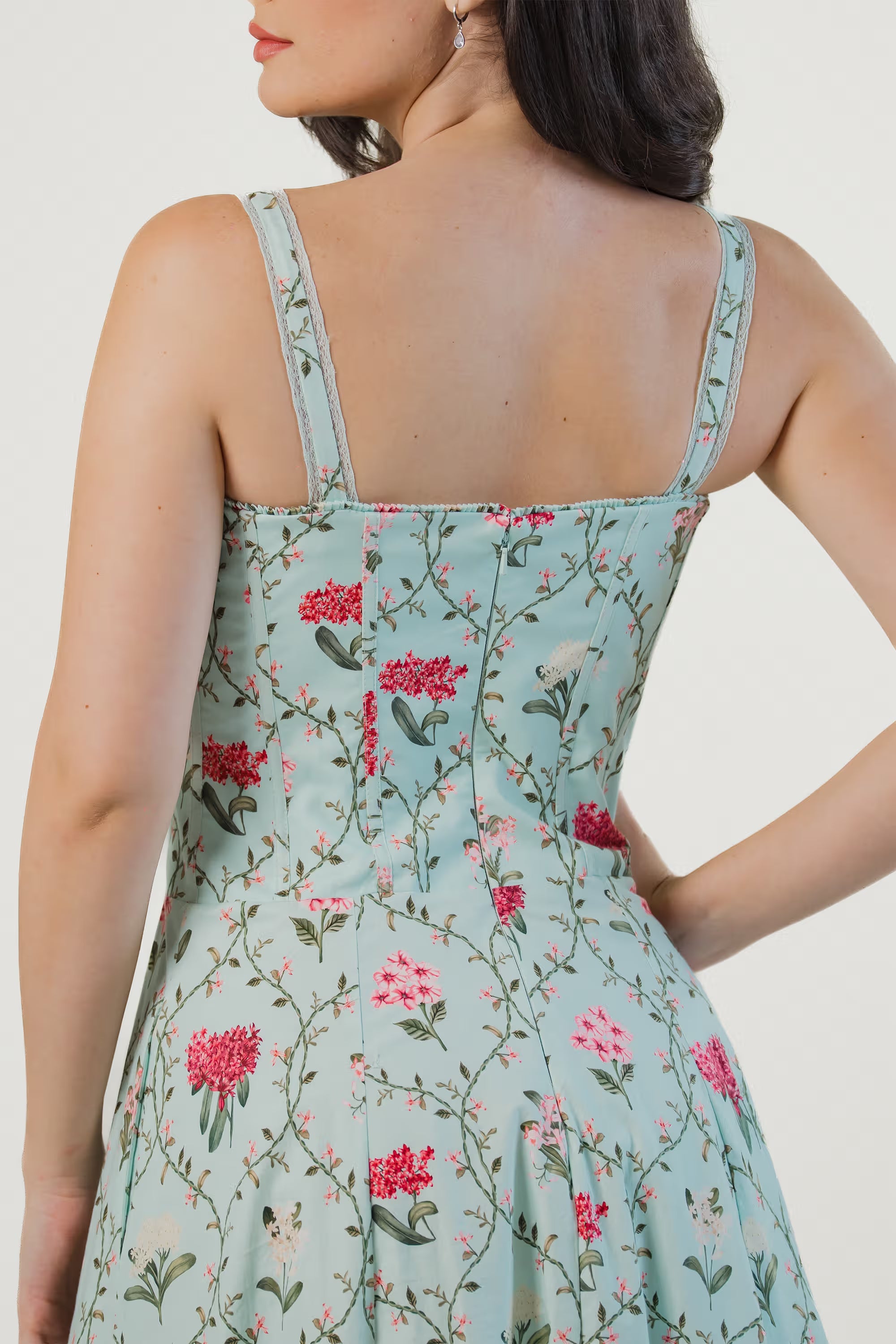 Pastel Mint Floral Bustier Cotton Midi Dress