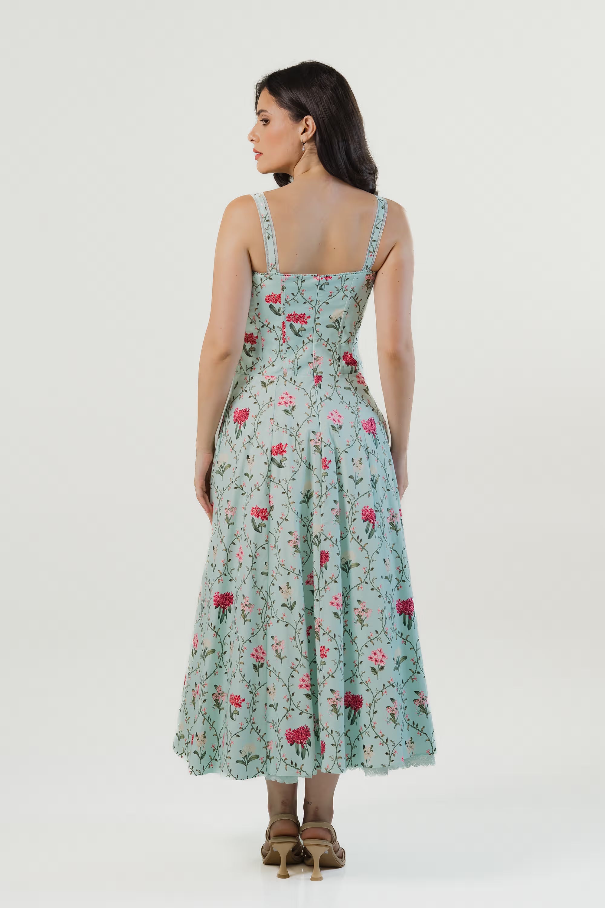 Pastel Mint Floral Bustier Cotton Midi Dress