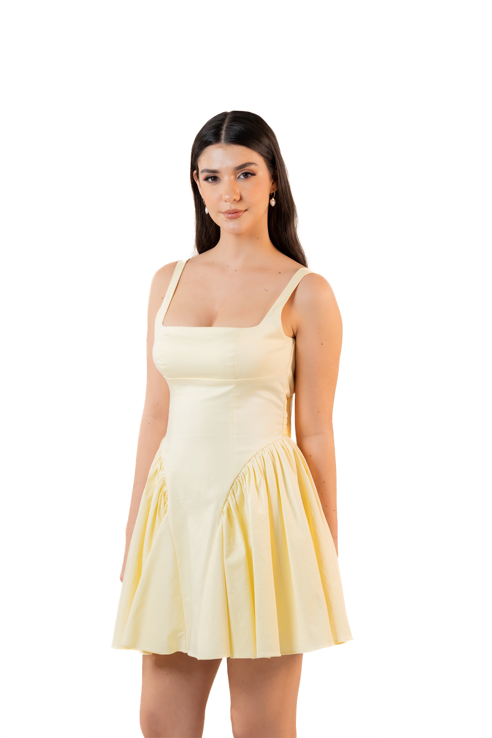 Lemon Pleated Square-Neck Mini Dress