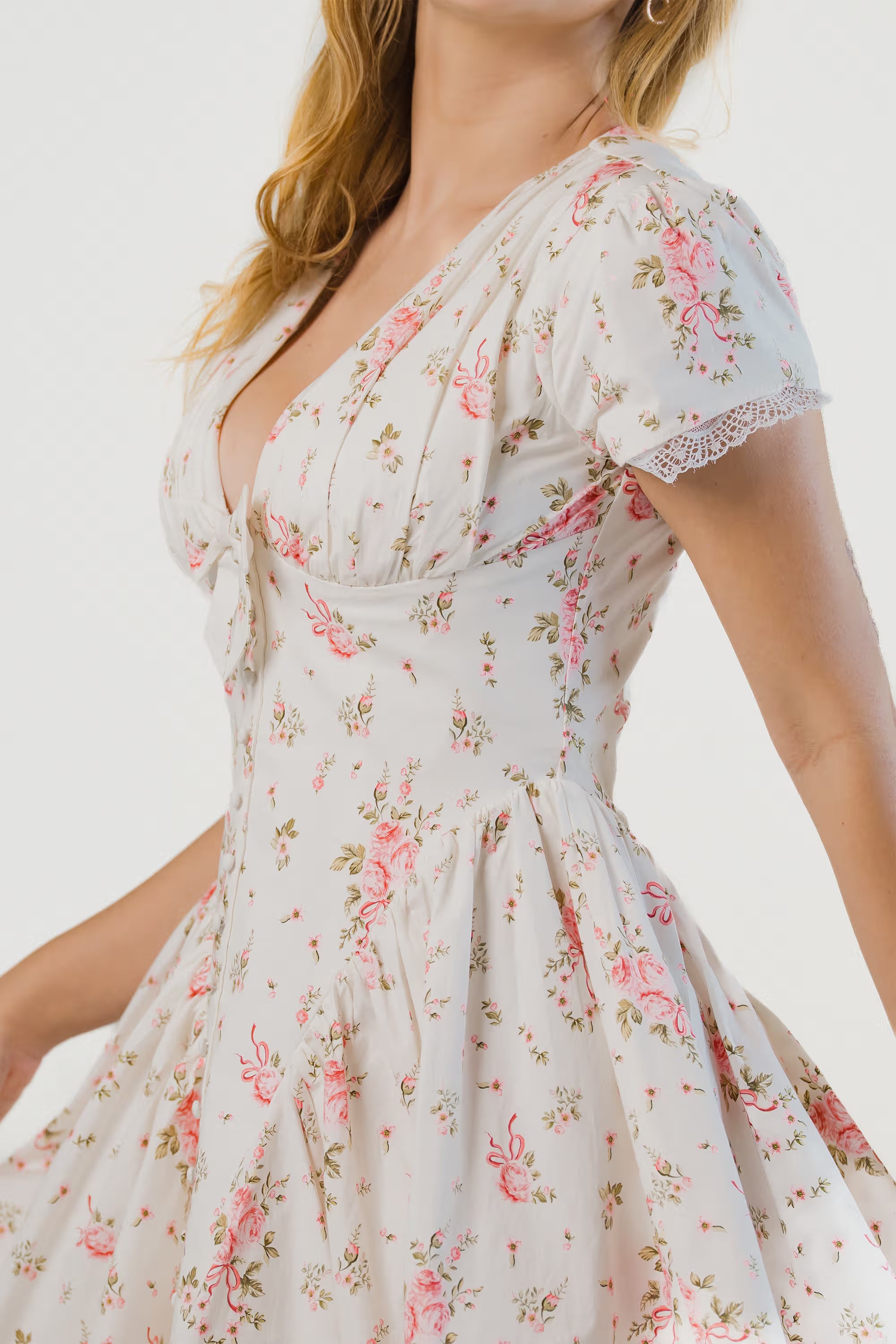 Ivory Floral Tie-Neck Cap Sleeve Mini Dress