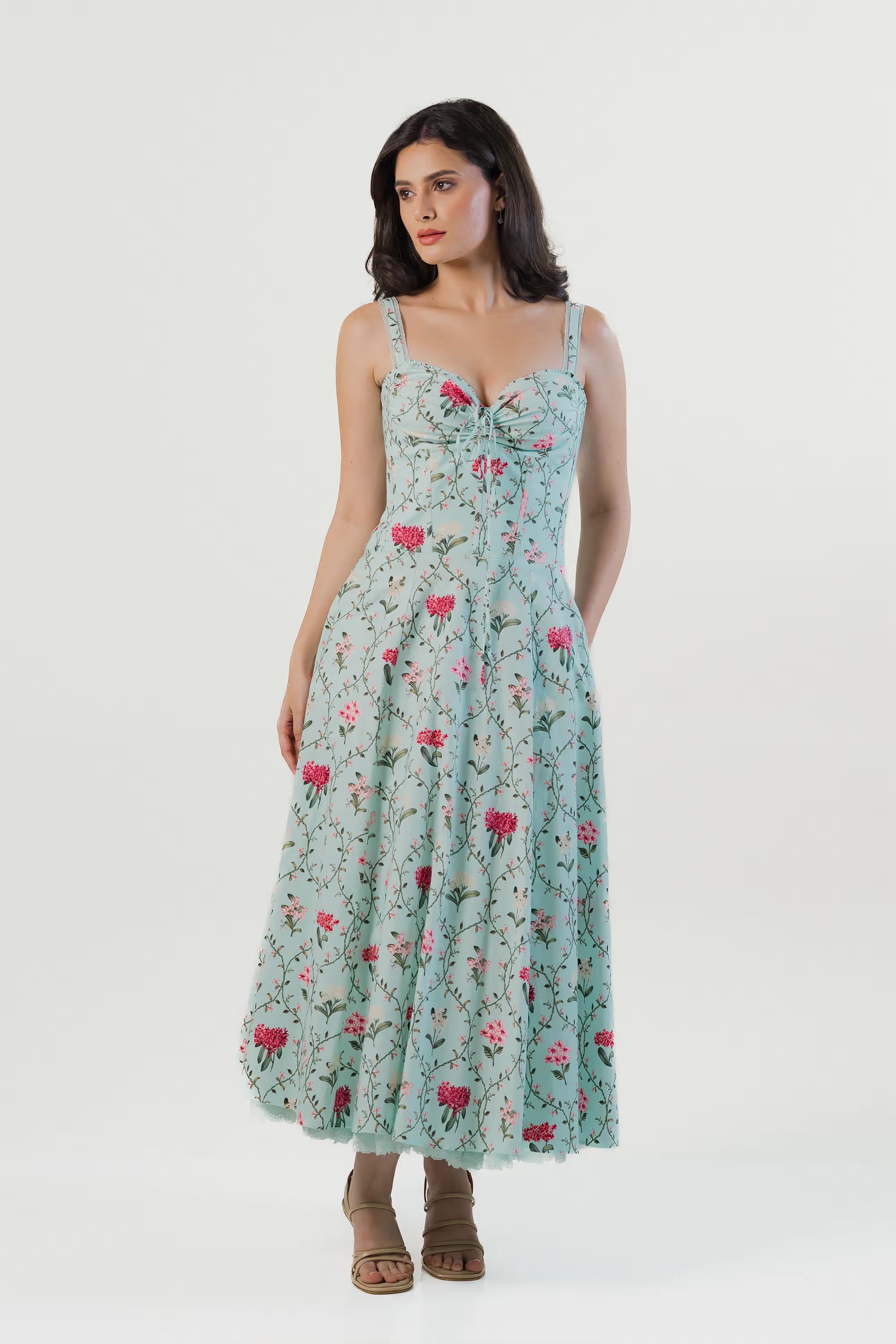 Pastel Mint Floral Bustier Cotton Midi Dress