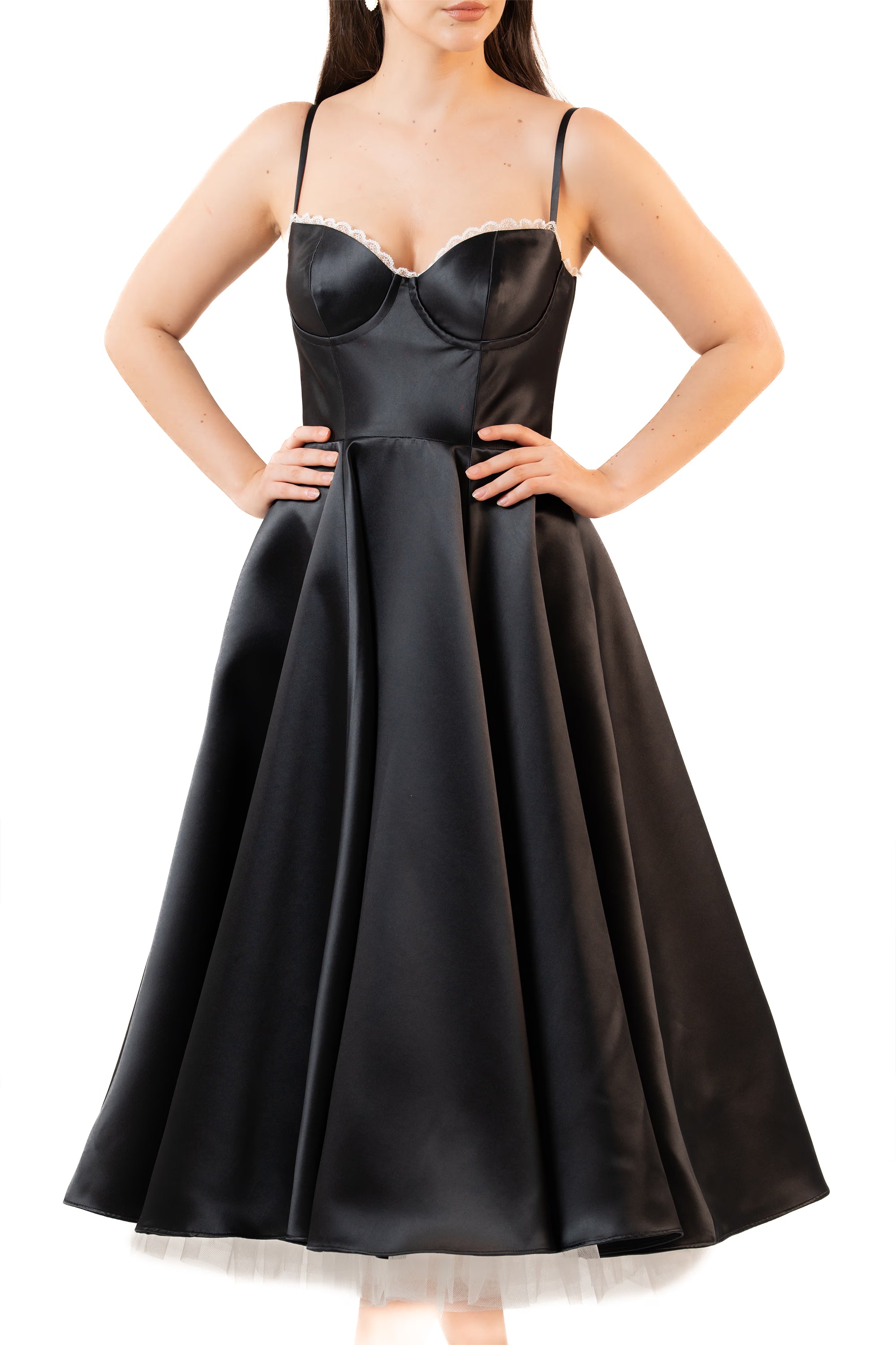 Black Satin Corset Tea-Length Dress with Tulle Hem