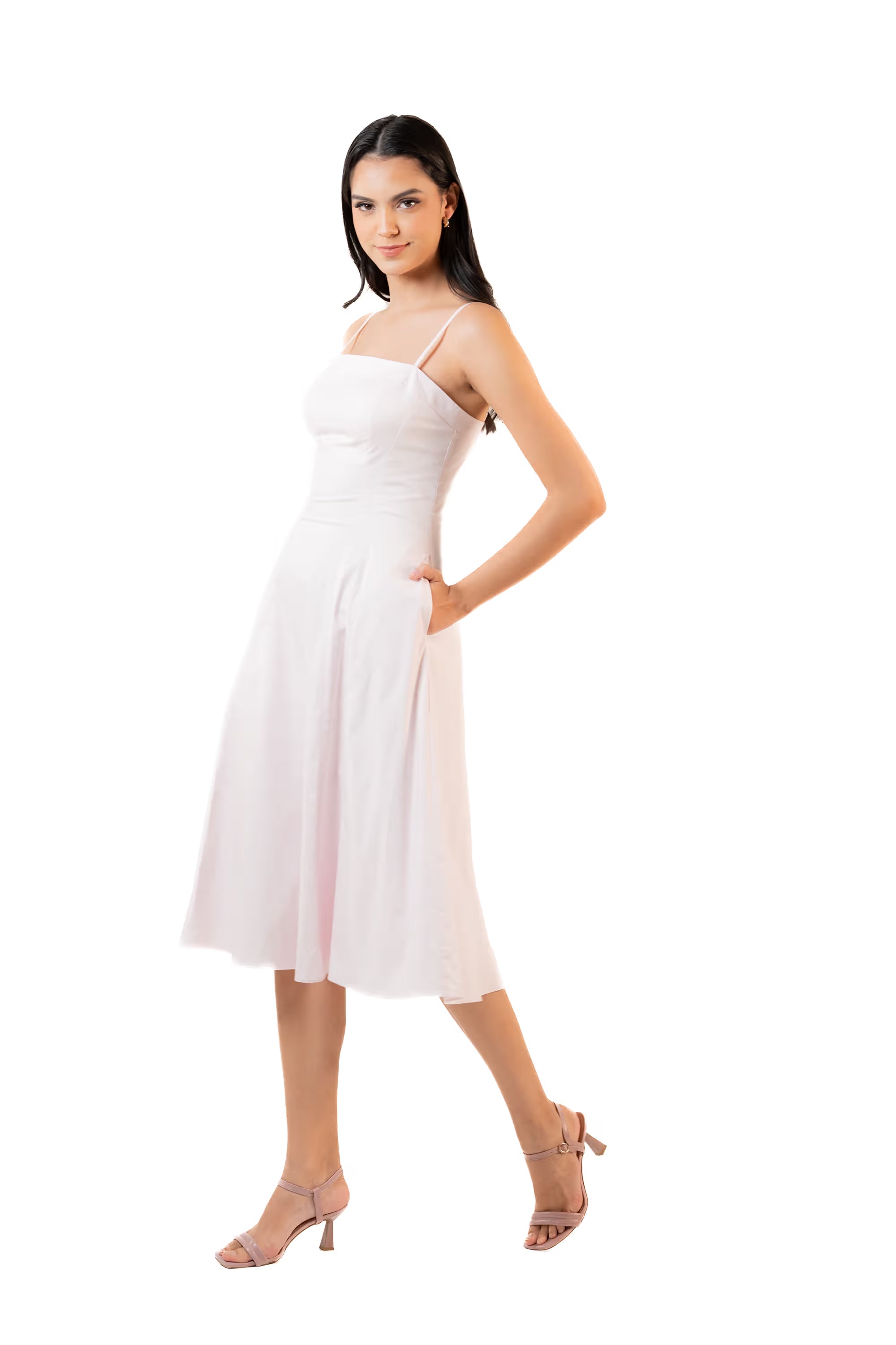 Blush Pink Cotton Spaghetti Strap Bustier Midi Dress