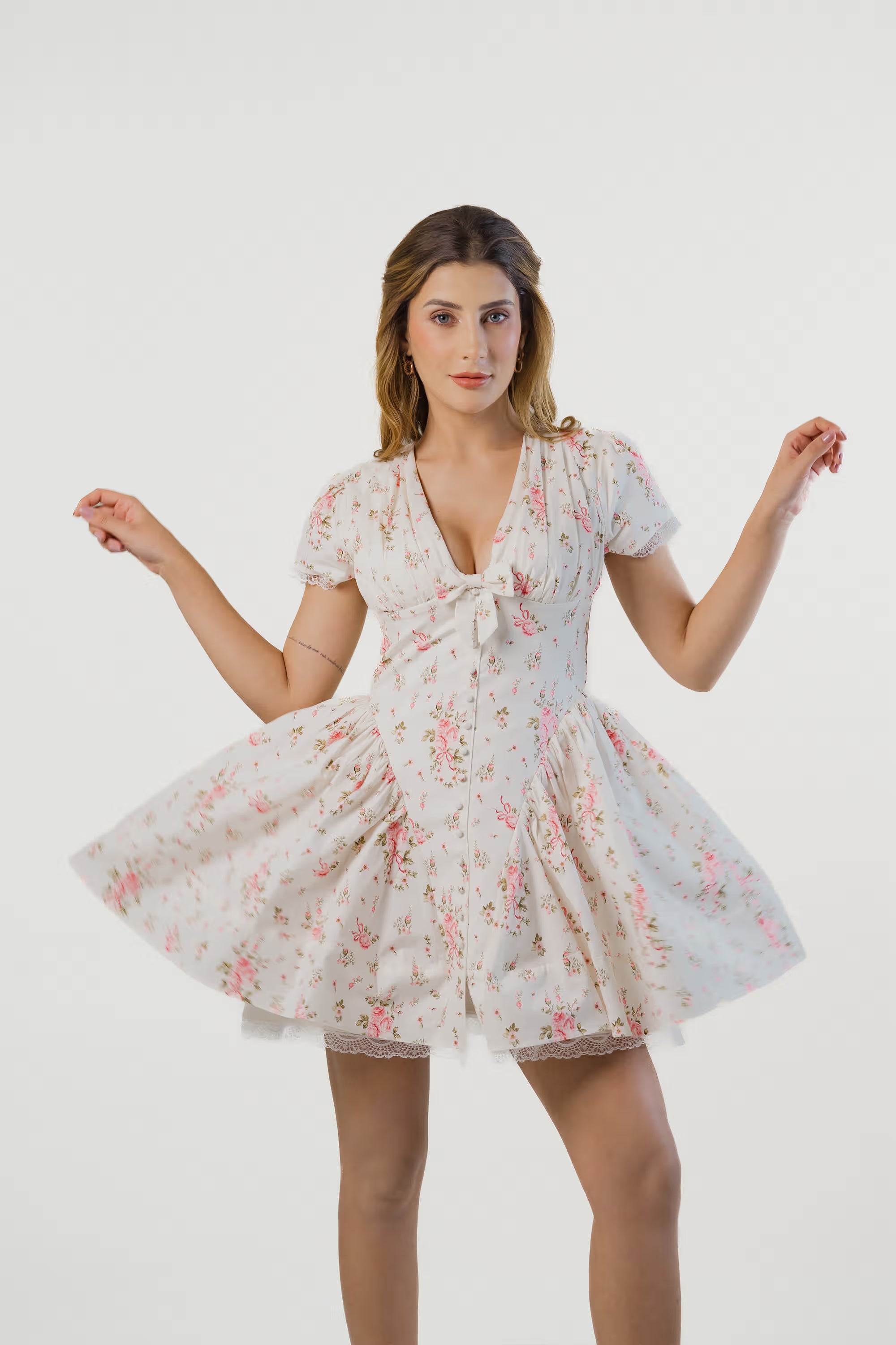 Ivory Floral Tie-Neck Cap Sleeve Mini Dress