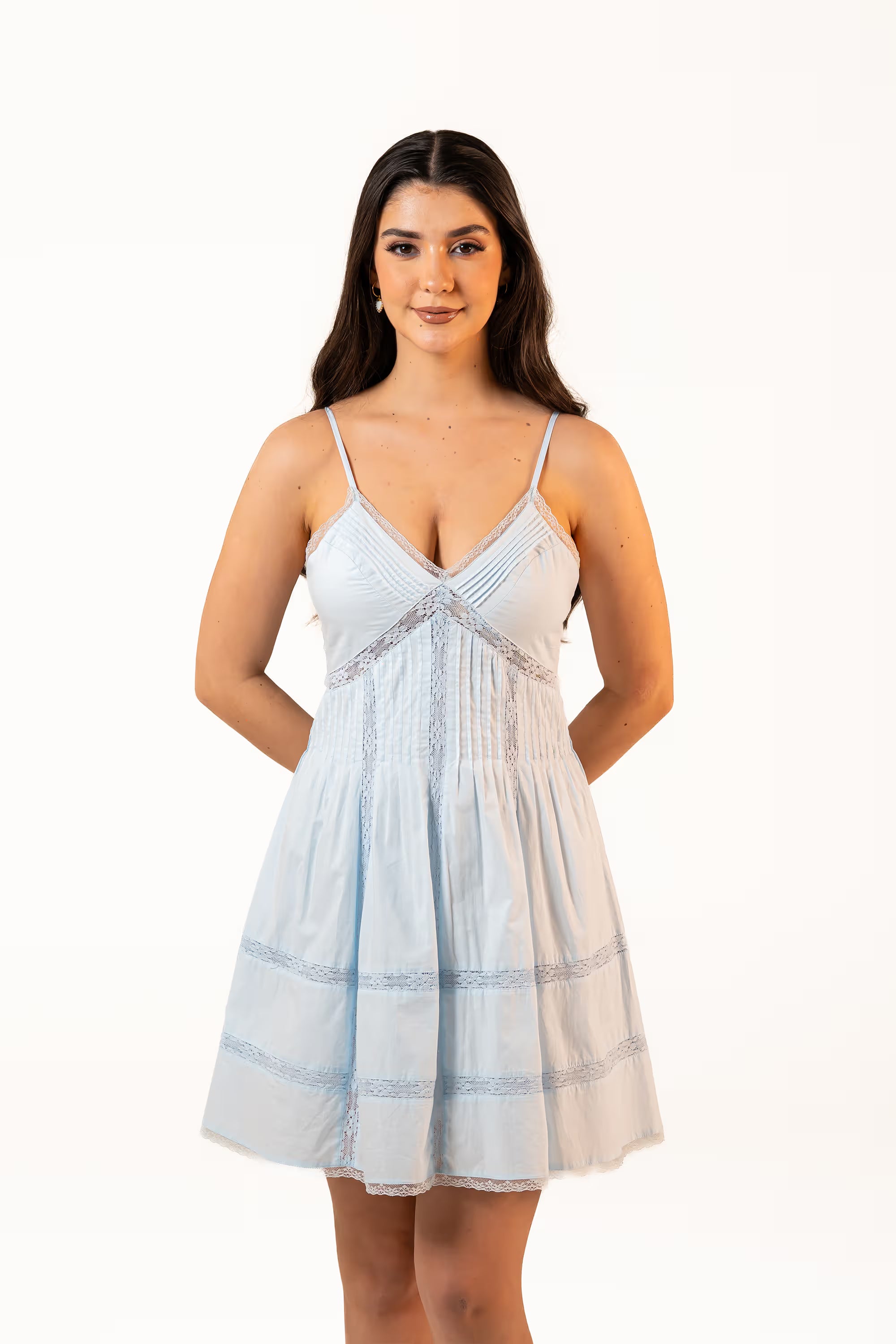Powder Blue Lace-Trim Spaghetti Strap Mini Dress