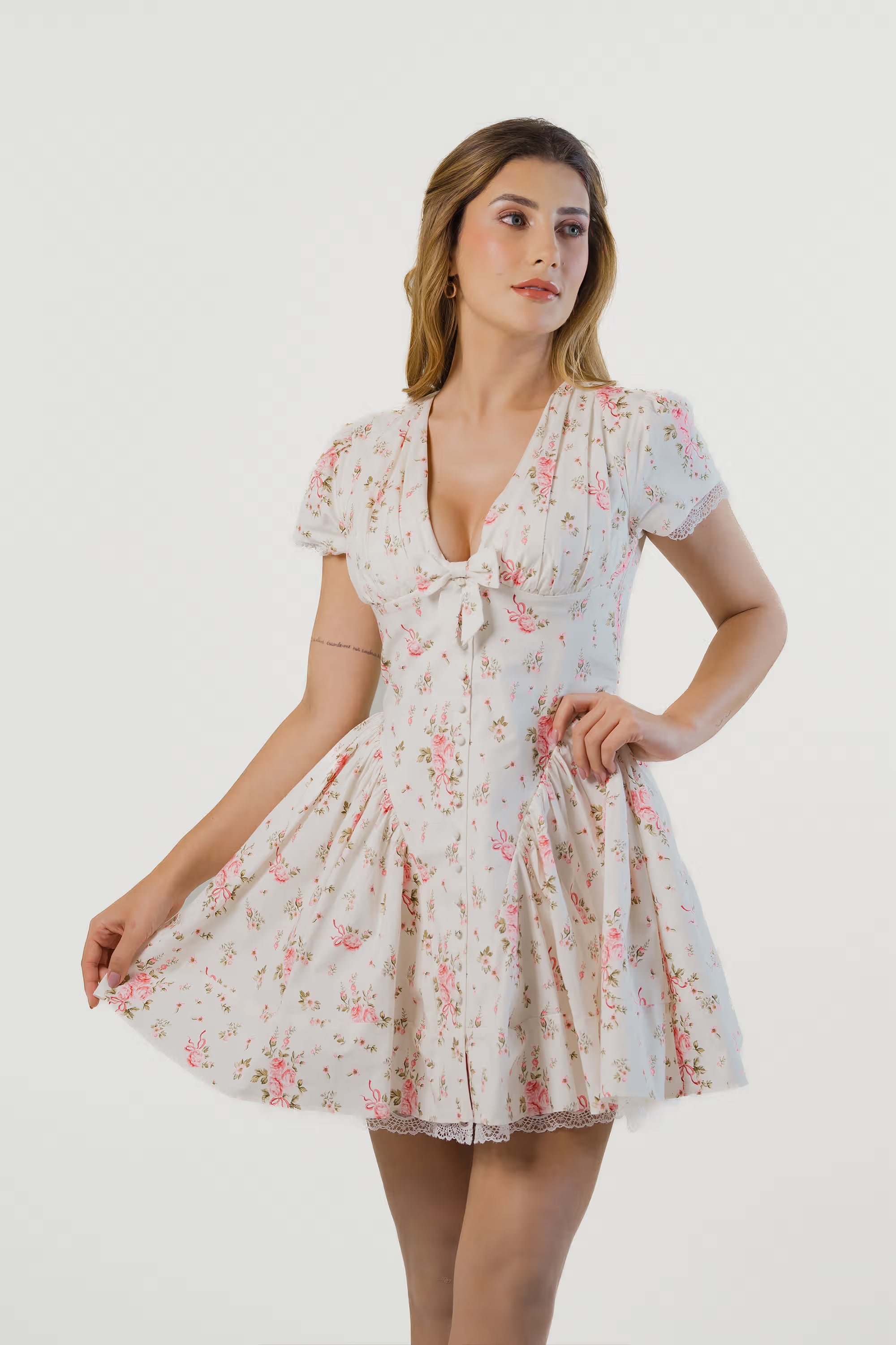 Ivory Floral Tie-Neck Cap Sleeve Mini Dress