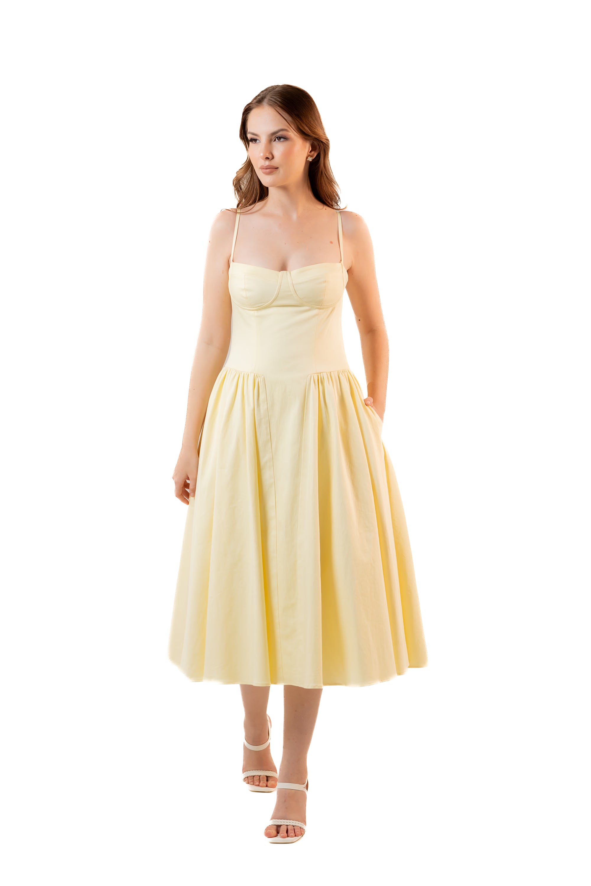 Lemon Yellow Bustier Cotton Midi Dress