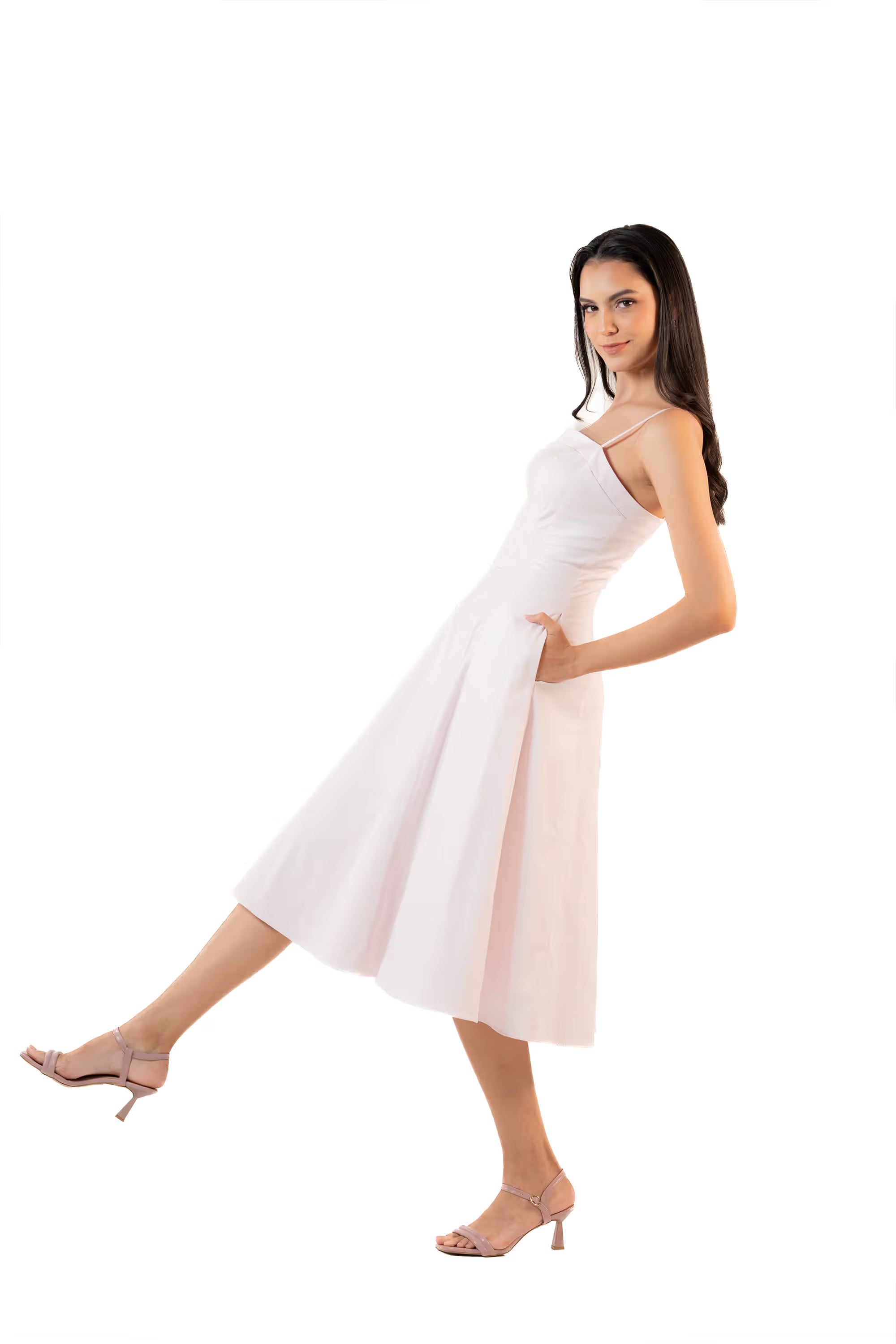 Blush Pink Cotton Spaghetti Strap Bustier Midi Dress