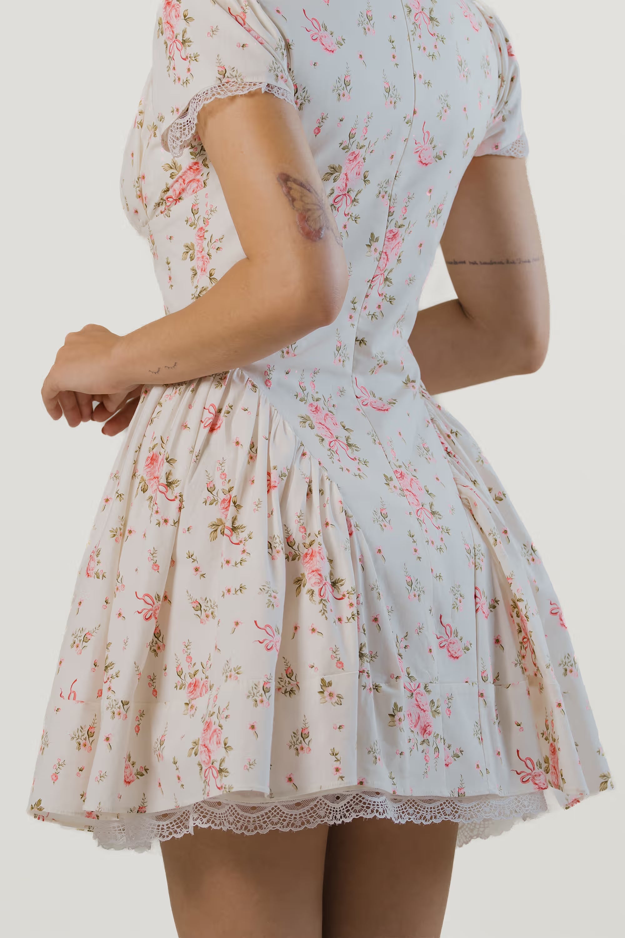 Ivory Floral Tie-Neck Cap Sleeve Mini Dress