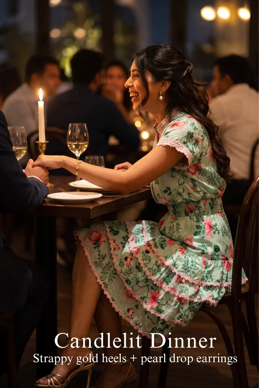Woman in Pretty Pixie aqua blossom floral tiered ruffle mini dress styled for a styled look