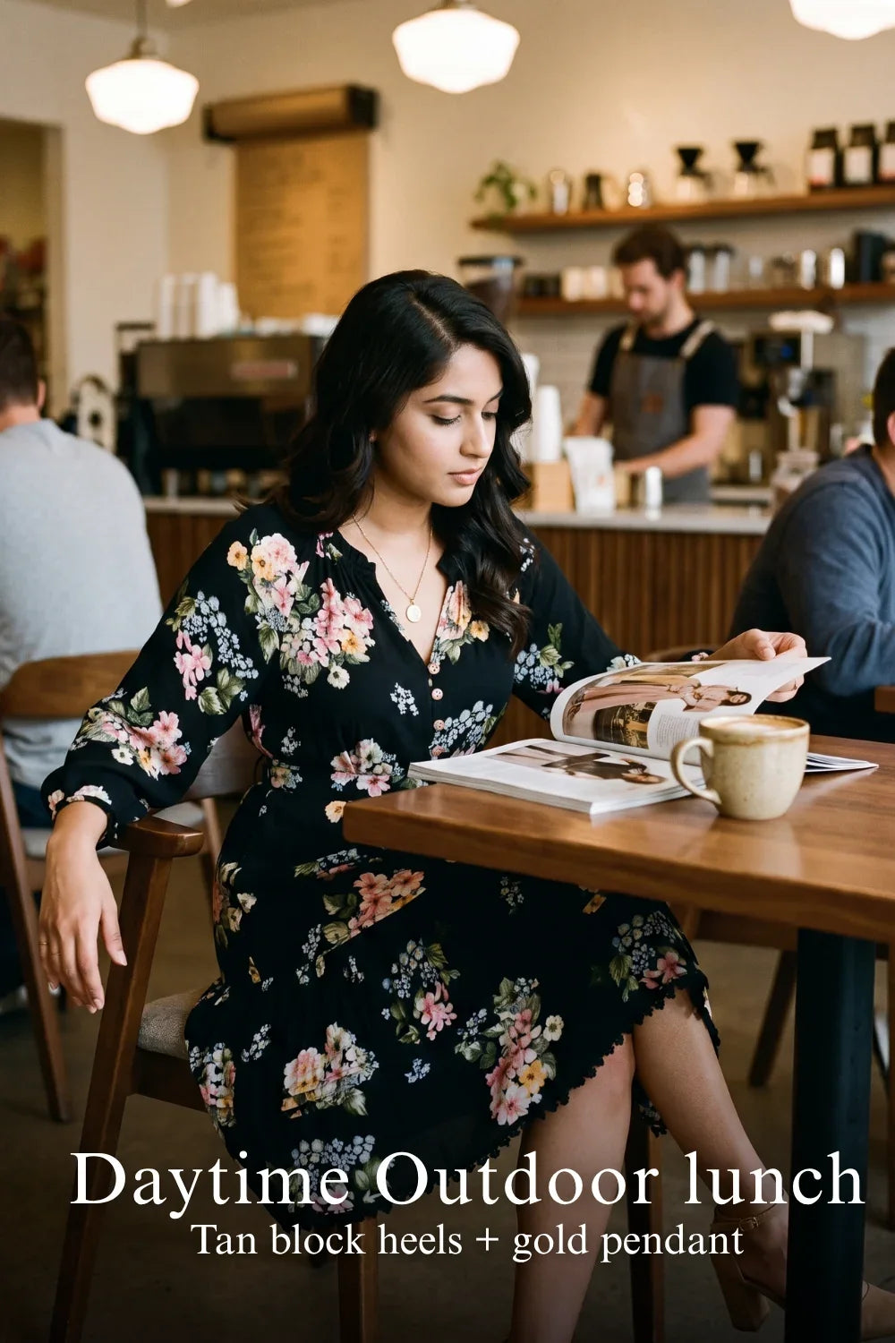Woman in Pretty Pixie black floral long-sleeve tiered button-down dress styled for a styled look
