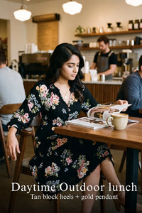 Woman in Pretty Pixie black floral long-sleeve tiered button-down dress styled for a styled look