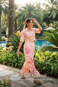 Woman in Pretty Pixie brooklyn blush pink cropped shirt & flare pants co-ord set styled for a styled look