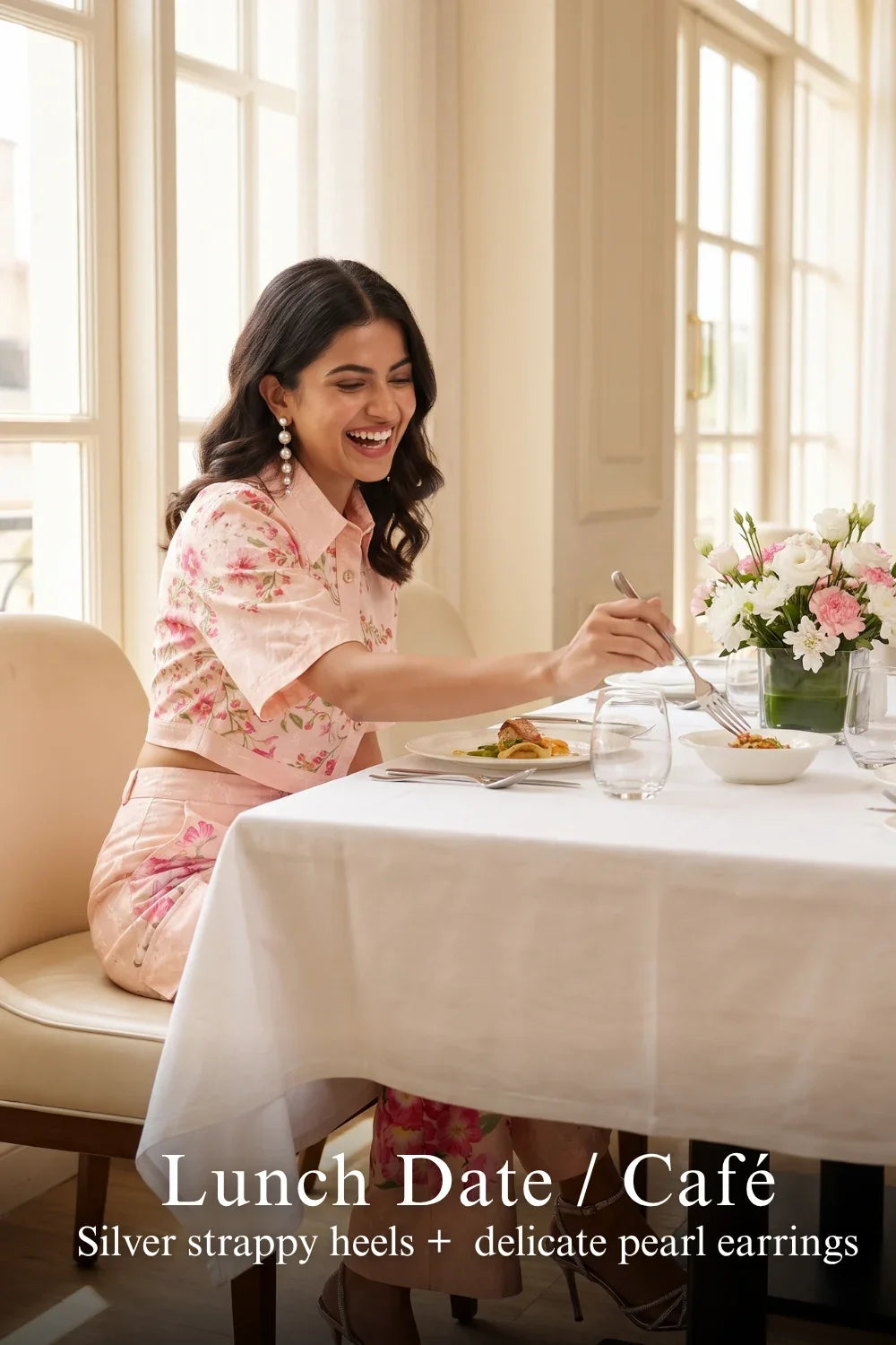 Woman in Pretty Pixie brooklyn blush pink cropped shirt & flare pants co-ord set styled for a styled look
