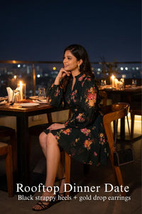 Woman in Pretty Pixie camilla twilight rose belted puff-sleeve mini dress styled for a styled look