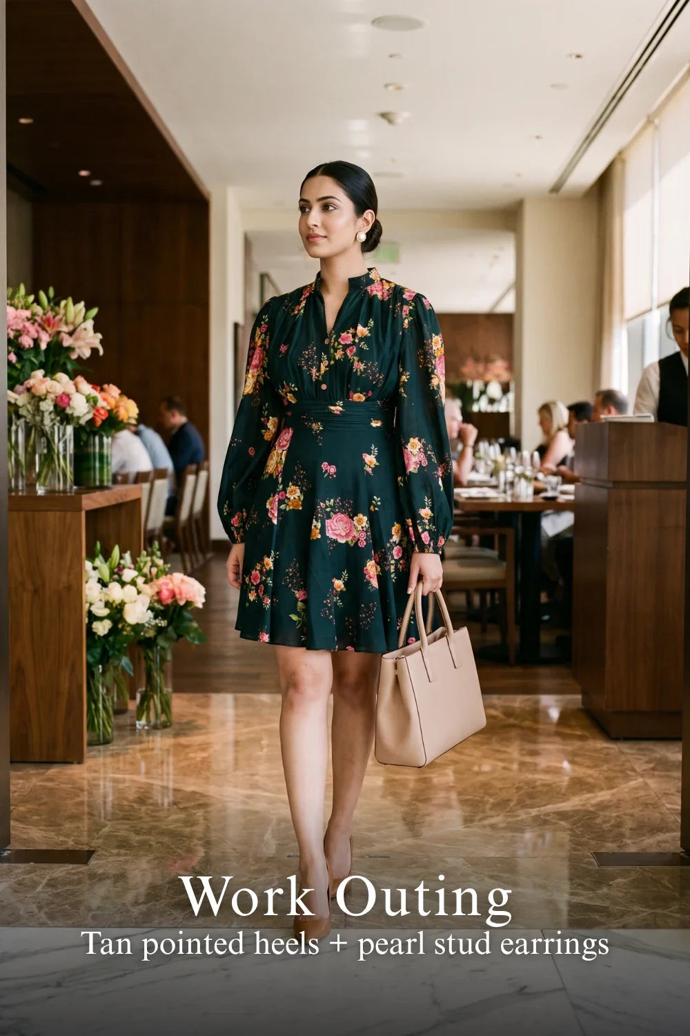 Woman in Pretty Pixie camilla twilight rose belted puff-sleeve mini dress styled for a styled look