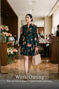 Woman in Pretty Pixie camilla twilight rose belted puff-sleeve mini dress styled for a styled look