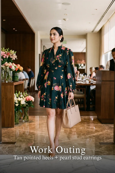 Woman in Pretty Pixie camilla twilight rose belted puff-sleeve mini dress styled for a styled look