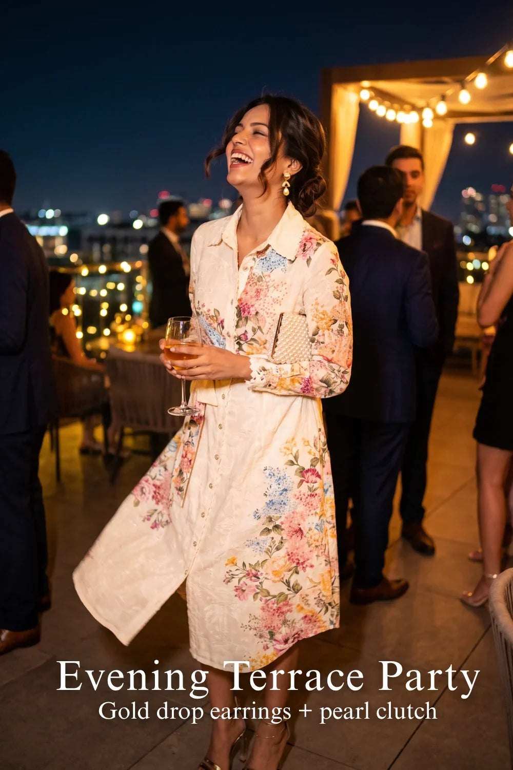 Woman in Pretty Pixie ivory cream floral belted shirt midi dress styled for a styled look