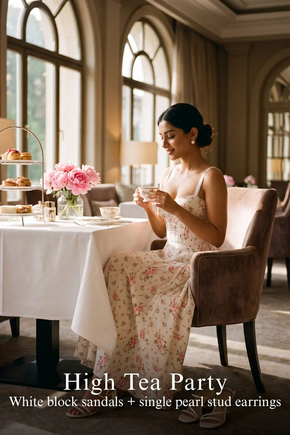 Woman in Pretty Pixie ivory floral bustier midi dress styled for a styled look