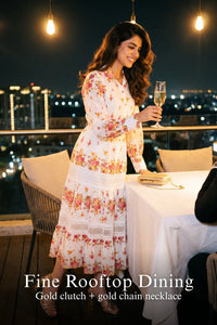 Woman in Pretty Pixie ivory floral lace-panel belted shirt midi dress styled for a styled look